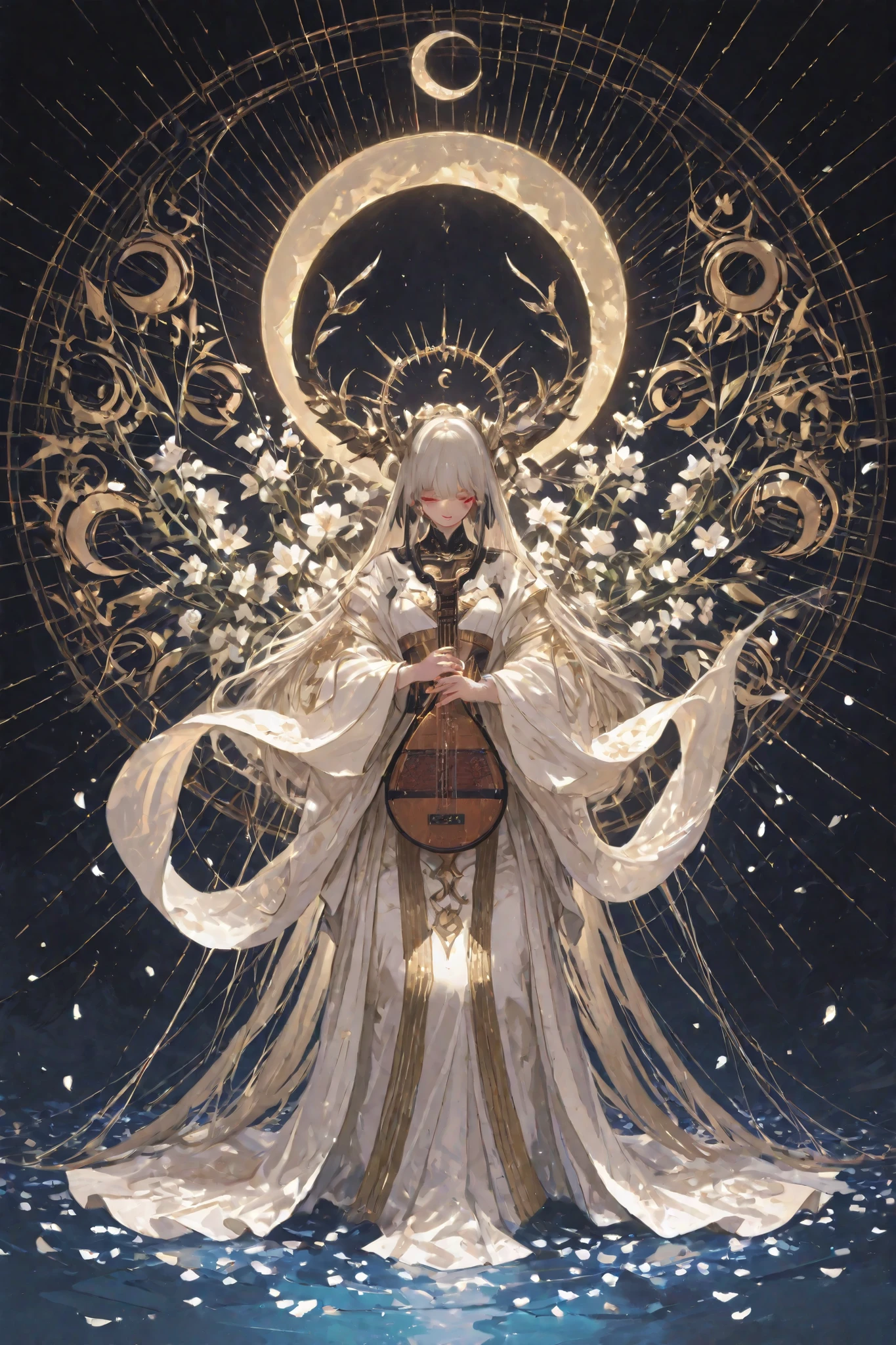 Two graceful girls inspired by biwa hōshi (Japanese lute priests), energetically strumming traditional Japanese biwa with large plectrums. The biwa has a teardrop-shaped wooden body with a smooth, light-colored soundboard, decorated with crescent moon and wave motifs. The body narrows into a dark neck with five tall frets and sharply bent headstock, featuring four large, symmetrical tuning pegs. The silk or nylon strings pass over a white bridge and are tied at the end of the instrument.
The girls wear elegant aristocratic garments from the Nara period, featuring flowing sleeves and layered textures. They are set against a backdrop of spring scenery, with flower petals dancing through the air. Their poses convey rhythm and movement. Rendered in a semi-realistic style, inspired by Nihonga bijin-ga (Japanese beauty painting), with delicate facial expressions, dynamic composition, and refined lighting.