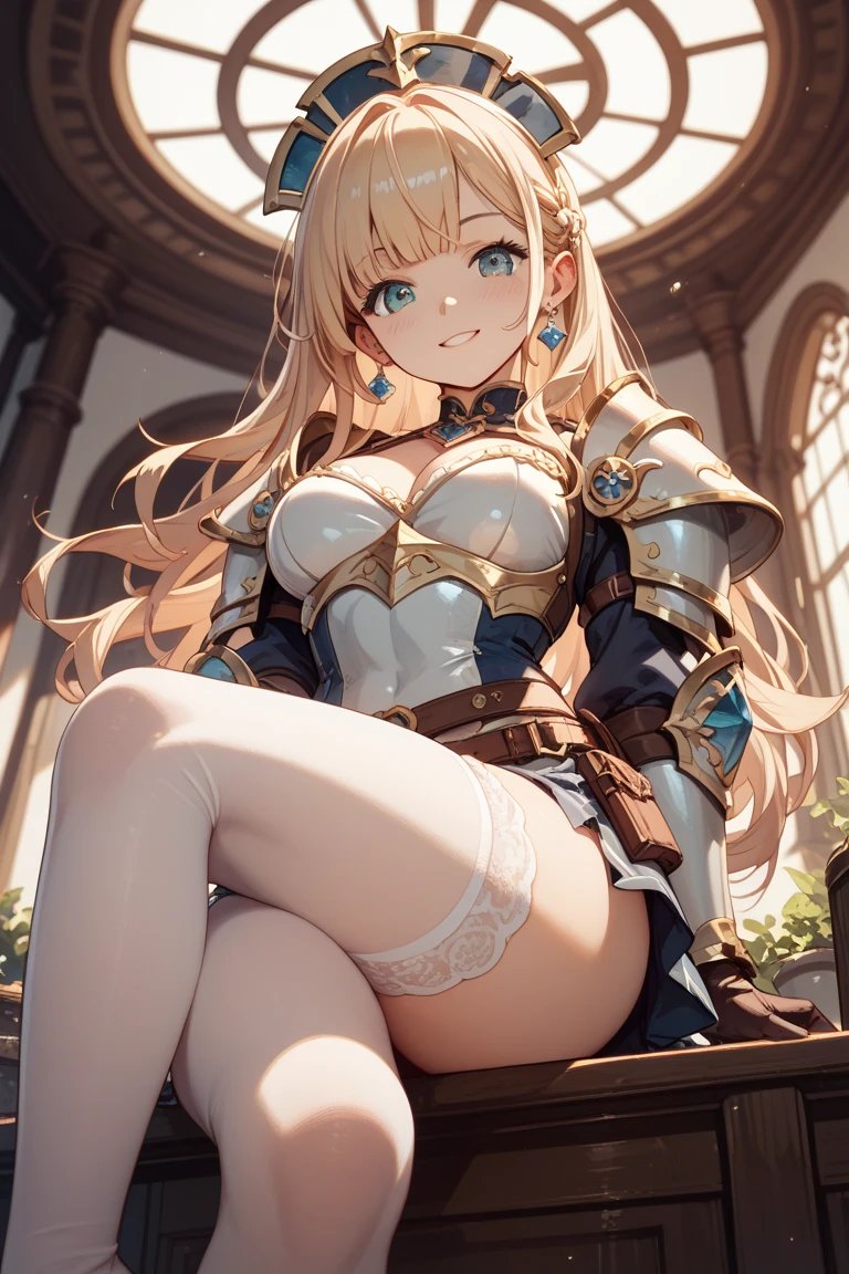 Browsing Caution, Movie Scenes, Fantasy art, Best image quality, Surreal Portraits,(8k),Ultra-realistic,最high quality ,high quality, High resolution, high qualityの質感,Attention to detail, beautiful, detailed, Extremely detailed CG,detailedなテクスチャ,Realistic facial expressions, masterpiece, in front,dynamic,bold,1 girl, Yuki Mori:1.51 women, Age 25, Light brown hair, Long Hair, Up Bang Hair, Floating Hair, Highly detailed skin,curve,,beautiful胸,Center of chest, Pale skin, Pointed Chest, Nipples,),{最high quality}, {とてもbeautiful}, {Super detailed}, {最高のAn illustration}, masterpiece,{{{{{Skirt Lift:1.5}}}}},{{{{{Showing off blue panties:1.9}}}}},garter belt:1.2,((Holy Knight)), Smooth breastplate, ((Platinum Armor))、((((Extremely detailed and intricately decorated armor:1.1)))),Red Cowboy Shot,smooth udder、big 、(Golden Ratio,Tabletop, 最high quality, 最high quality, Official Art, beautifully、beautiful:1.2), Very detailed, colorful,最高のdetailed,An illustration, Great scene, Asheria Costume:1.5, Asheria Costume:1.5, mini skirt,Knee socks,  Thighs, gem, Blue Belt,Belt number 1),Course of action, A look of contempt ,From below,Sitting:1.9,Spread your legs:1.9, Please put your feet up,No stockings,squatting, spread legs