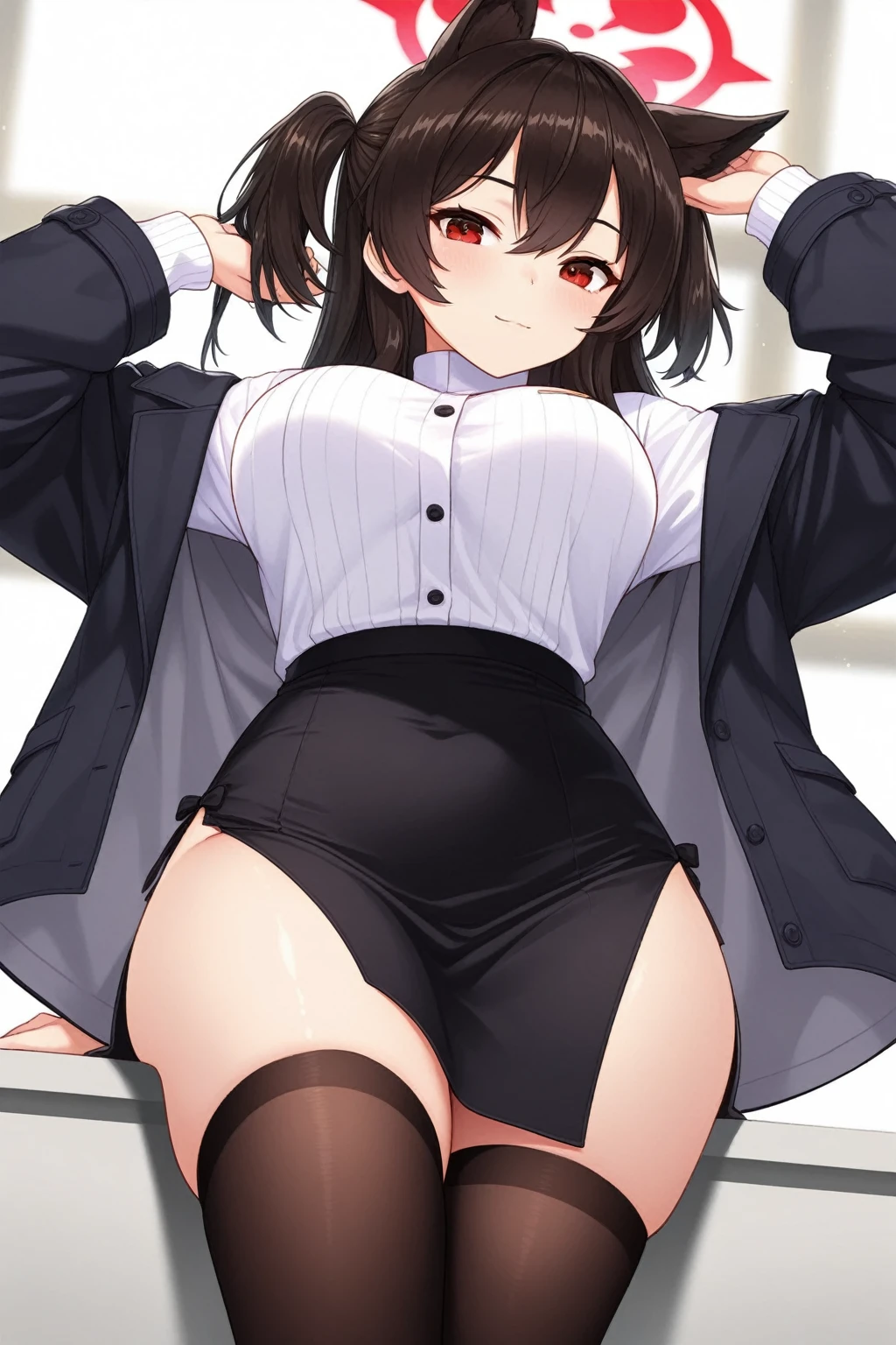 high school girl、teenager、girl wearing a miniskirt, Sit with your legs wide apart、Looking down at the viewer, Displeased face、Plump thighs, Highest quality, Focus on the thighs, Spread your legs wide, 半脱ぎのblazer、blazer, blouse, Black bra、Black panties、Black Pantyhose、classroom,,My thighs are steaming between my legs 、Sweaty black pantyhose、Sweaty feet、Facesitting