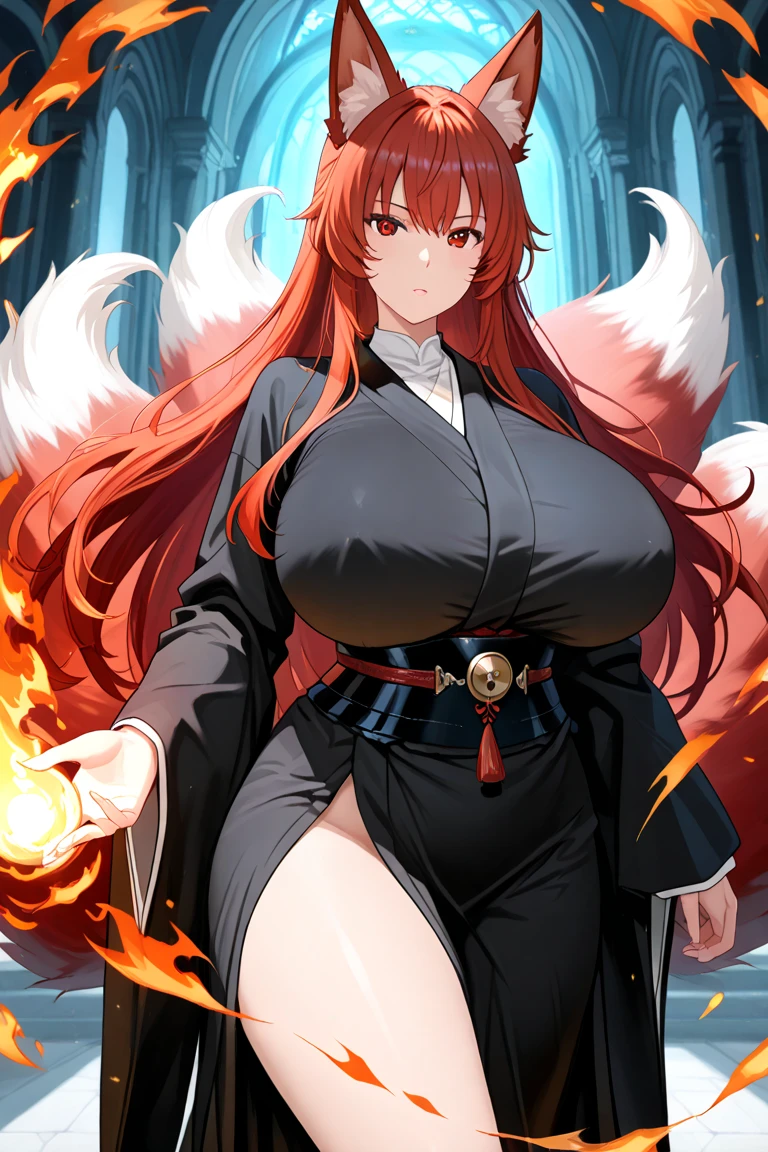 {{amazing quality, highres}}, {{{best quality}}}, {{{Very aesthetic}}},Ilya kuvs s, fox ears, bell collar, gigant , thick thighs, mischievous smile, small bows in the hair, defined waist, accentuated curves, sharpness, bright colors, {{fox ears}}, very long wavy hair, long orange hair, wearing a traditional black kimono decorated with red flowers, half open, huge breats, sensual woman, curious smille, 