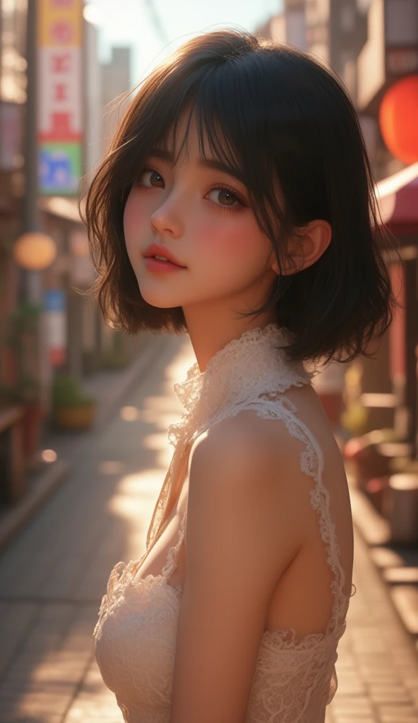 (portrait, editorial photograph of a beautiful asian girl, adorable face, freckles, long brown curly hair, hazel eyes, by lee jeffries, nikon d850, film stock photograph ,4 kodak portra 400 ,camera f1.6 lens ,rich colors ,hyper realistic ,lifelike texture, dramatic lighting, (highly detailed face:1.4), perfect eyes, realistic iris, perfect teeth, (smile:0.7), (background dark, shadow of the leaves, moody, cleavage), sun rising, early morning light, Wishing for something, masterpiece, best quality, photorealistic, Citizen of Guinea-Bissau, very cute super model, perfect anatomy, skinny, ((small breasts)), ((rear view))