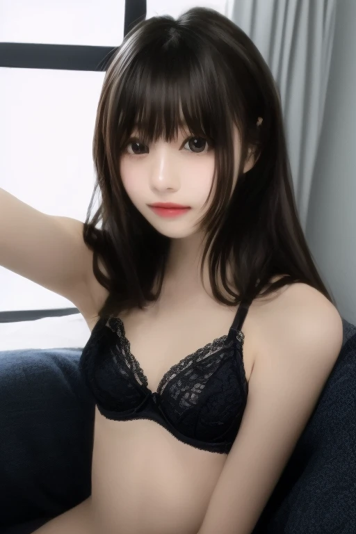 Black Lingerie,(open mouth:1.5),(tongue out:2),lying,overhead shot,side view,face focus,(1girl,Beautiful 14 year old girl,teenager),((Slender,Small breasts,Small face,)),(looking at viewer),Black Hair,bangs,one side up,Beautiful and detailed,(Dimly lit room:1.5),White bed,pillow,Mischievous smile
