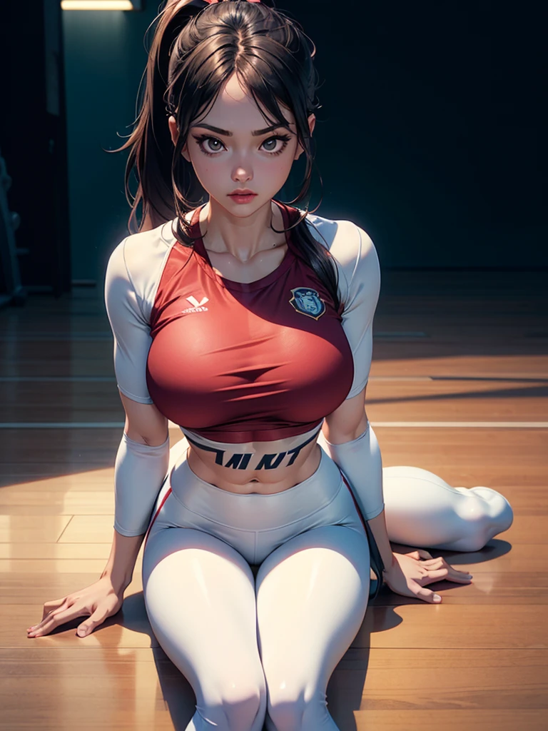 insanely beautiful girl, short messy brunette hair, ponytail, heterochromia brown and grey, minimal Yoga clothes, hourglass body, little smile, open-minded, yoga studio, Full body Beautiful anime style girl, sweat leggs, secypose, clean detailed faces, intracated clothing, analogous colors, glowing shadows, beautiful gradient, depth of field, clean image, high quality, high detail, high definition, Luminous Studio graphics engine, cute face, big braest, slim waist, nice hips,