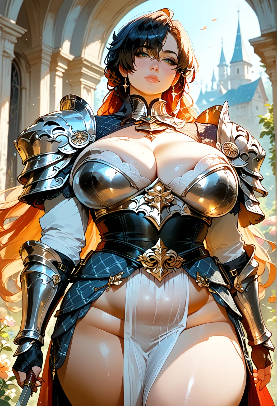 masterpiece, UHD, ((extremely detailed)), ((revealing battle suit:1.3)), (black battle suit:1.2), large beautiful breast, exposed breasts, ((sharp jawline)), slightly opened mouth, ((serious expression)), (extremely detailed face), battle stance, weapons in hands, ((clear hands)), ((detailed hands)), (holding weapon in hands), ((battle stance pose:1.3)), (war background:1.2), war going on in the background, ((detailed soldier:1.2)), looking at the viewer, front view, historical, dynamic pose, (dynamic battle stance), sole girl, 1girl, ((exposed cleavage)), red hair, red beautiful hair, detailed red hair,8K,beautiful mature female demon, three horns, cruel smile, red skin, Sexy fire-shaped chest armor, wreath wrapped in fire, (fiery eyes:1.2), tempt me, take your soul, Underworld earth background, (masterpiece), (realistic:1.4), RAW, highest quality, ultra high resolution, rich colors, Backlight, cinematic lighting, film grain, RAW, 50mm lens, Nikon D850, warm colors,super realistic skin,inside a dark dungeon,very big breasts,depiction looking down from above,red mohawk hair,(Masterpiece, ultra detailed: 2), (best quality: 2), (beautiful woman: 2), (beautiful face: 2), viking warrior woman, muscles, very big breass, sexy,(1 girl), (megan fox:1.25), Beautiful vampire girl dressed in ornate medieval vampiric full body armor, (pure white skin:1.25), (perfect fingers:1.24), (extreme muscular definition:1.5), (vampiric body armor:1.25), (huge muscular arms:1.5,) (10-pack abs:1.4), (lots of veins:1.25), Ultra Realistic, Very detailed face and eyes, a true masterpiece, with an atmosphere of horror, gothica, blood, haunted cathedrals
