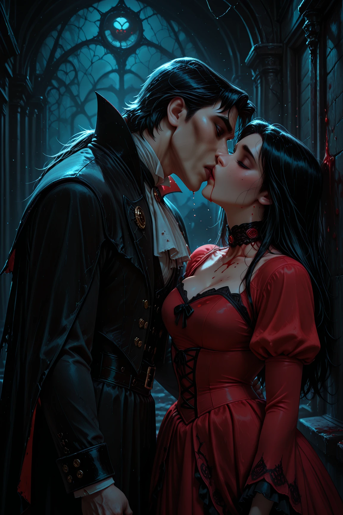 Um casal. A mulher humana tem os cabelos longos negros, olhos azuis, pele palida, fleshy heart-shaped mouth. Um homem, With the clothes of Count Dracula. Ele tem olhos vermelhos e a pele palida, na canto da boca escorre sangue. He holds the woman by the neck