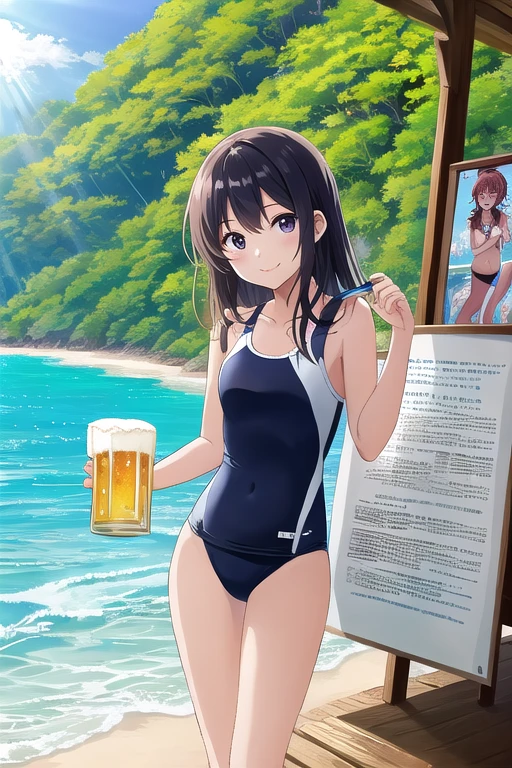 Sakurazaka Shizuku Brown Hair Long Hair Light blue eyes Big hair ribbon (1People Girls) Light blue bikini Drink a drink Sit on a bench Strong sunlight Sweaty Beach sun smile cloud rainbow Parasol