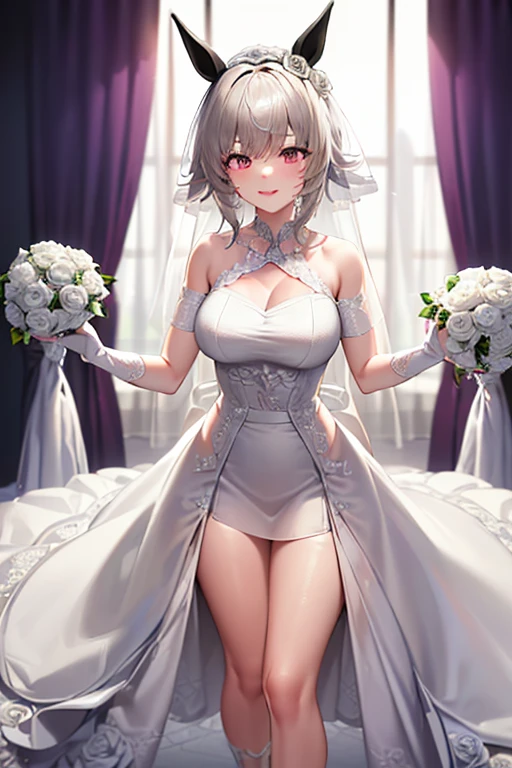 A girl,Long hair, Bangs, White hair, Hair between the eyes, Purple Eyes:(1.5), (Large Breasts:1.2),
rest 锁骨, Wedding dress,veil,wedding,White dress,Flowers,Broken skirt,White socks,Tights,White knee socks,
looking at viewer, whole body,
indoors, church,Standing,Standing,
rest (masterpiece:1.2), best quality, high resolution, Unity 8k Wallpaper, (illustration:0.8), (Beautiful and delicate eyes:1.6), Extremely detailed face, Perfect lighting, Extremely detailed CG, (Perfect hands, Perfect anatomical structure),