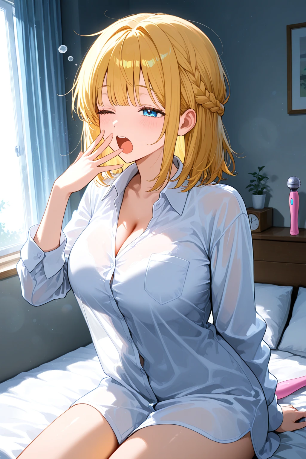 (1gyaru), school, sexy, pinup pose, nipples, white panties, necklace, on bed