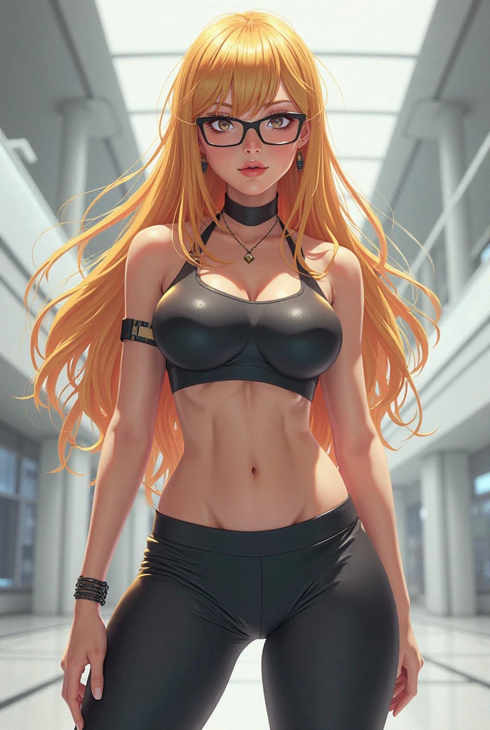 body, 13 year old girl, blonde hair tied in a side ponytail, sensual cleavage, transparent blouse, small breasts, ass facing the viewer, releasing magic through the hand, back to the screen, micro shorts 1.4, Ultra HD, 4k image , glasses, character close to the camera, tight shorts, V panties, red panties, low waist panties, short miniskirt 1.3