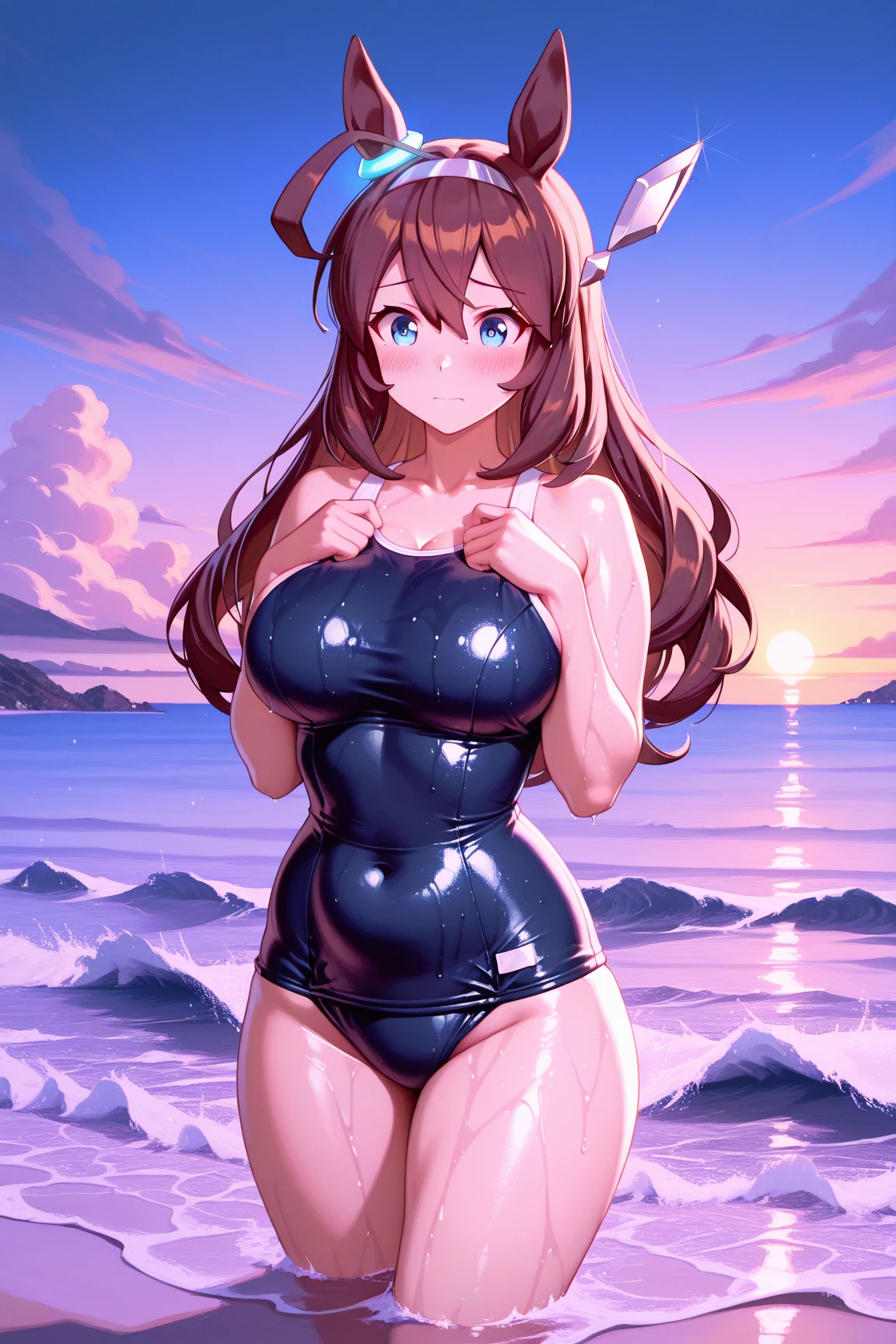 Anime girl, thick and curvy, long curly brown hair with bangs, brown eyes, pastel coquette aesthetic