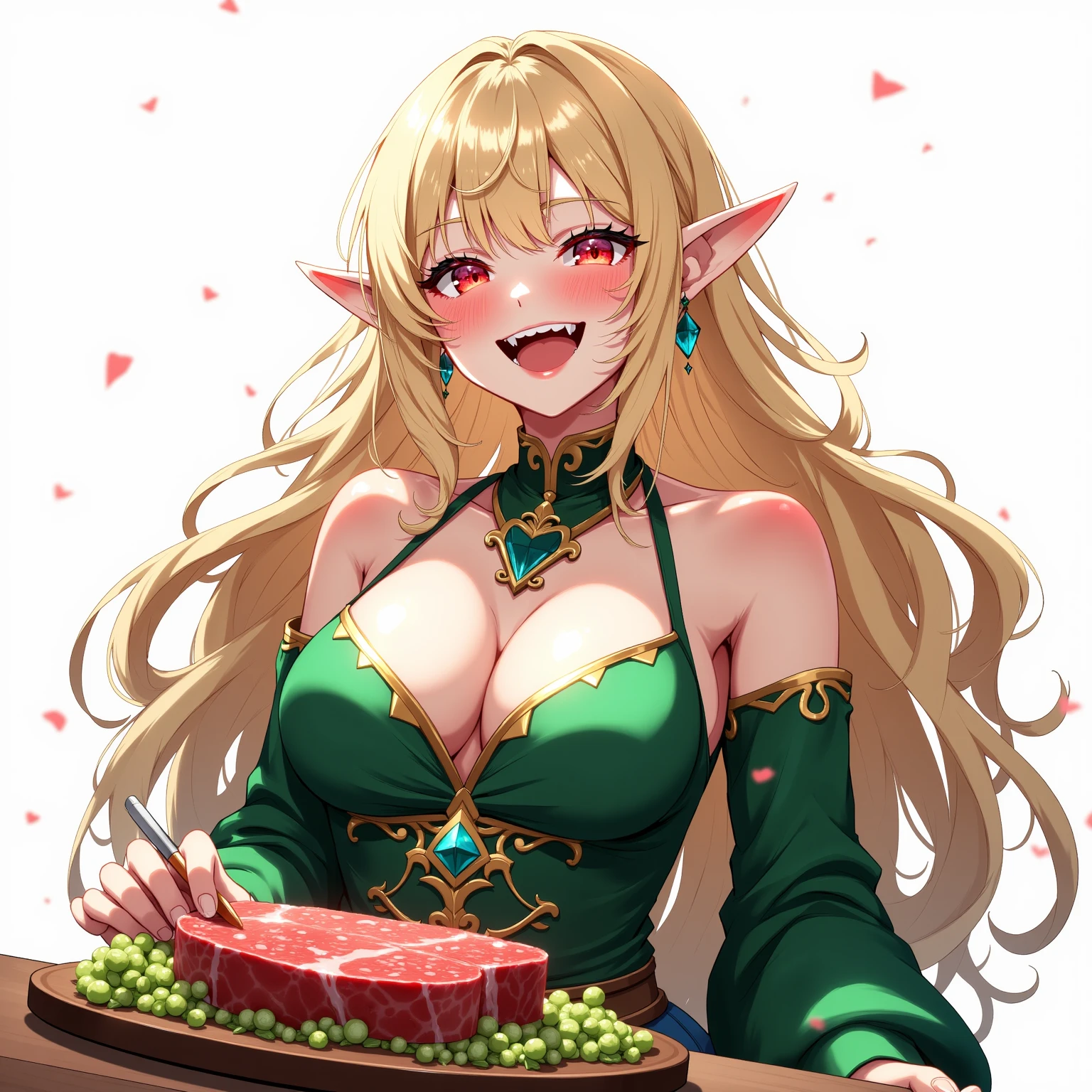 A beautiful elf princess with long braided blonde hair, elf ears, blue eyes, thin lips, round face, medium breasts, wearing a torn red tunic, eating a very large piece of boar meat, sitting on a rock, in the forest setting , expressive and funny scene (SFW)