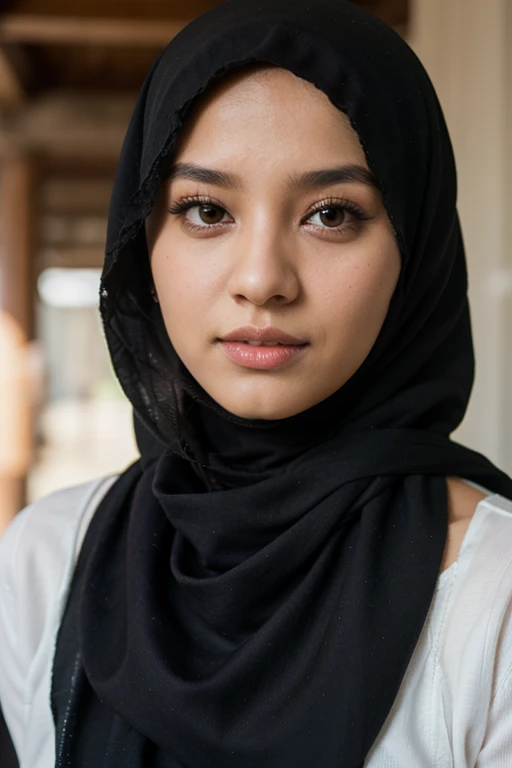 Hijab , portrait half body shoot 1:2 , holding face. One hand on table. Dominance smile. Perfect theeth.shoot by canon r6 Godox v1 Speedlite. Lace hijab. Wear minimalist flower hijab. Girl average 2. Samo matang skin. Upturned eyes. Heavy make up. Perfect hijab. Cafe background.cyberpunk dress hoodie white black.. pink lips, snube nose big. Beautiful eyesbrow, long lashes. Brown hazel eyes.. chubby face. Indonesia girl nose. Hidung pesek. small pimple lot on skin. Dry skin. Very cute.