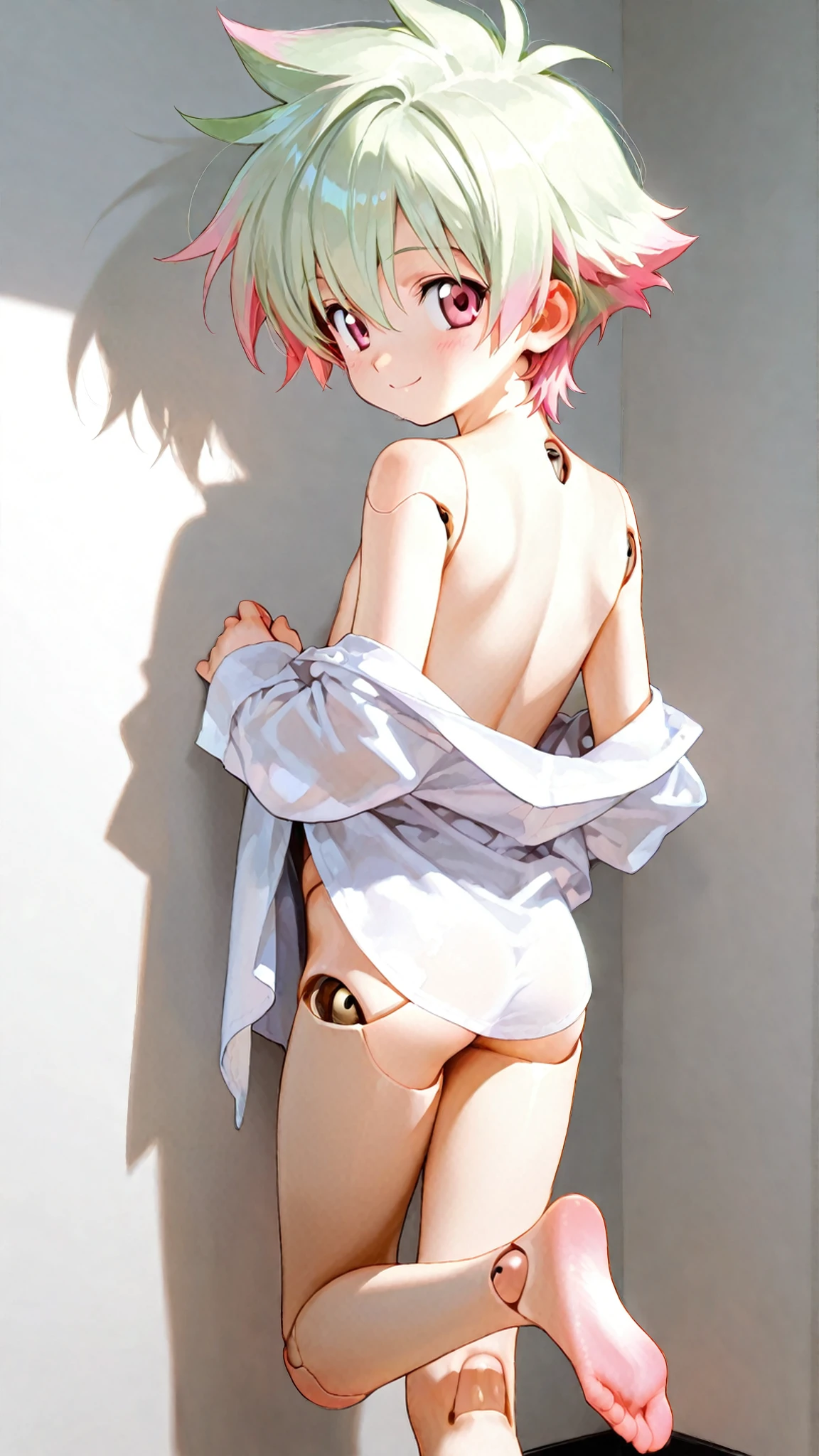 masterpiece:1.5, high quality, sweat, blush, light smile, looking at viewer, tareme, wide-eyed, all fours, leaning forward, bend over, hands on bed, hip up, (((from behind))),  madoka, topless, nipples, (((white panties))),  pussy juice, collarbone, two side up, short twintails, pink hair, ((flat chest, slender)), lanky, Skinny body,  body, Slim Body, Slim waist, Slim legs, Slim hips, bare knuckle, dutch angle, 