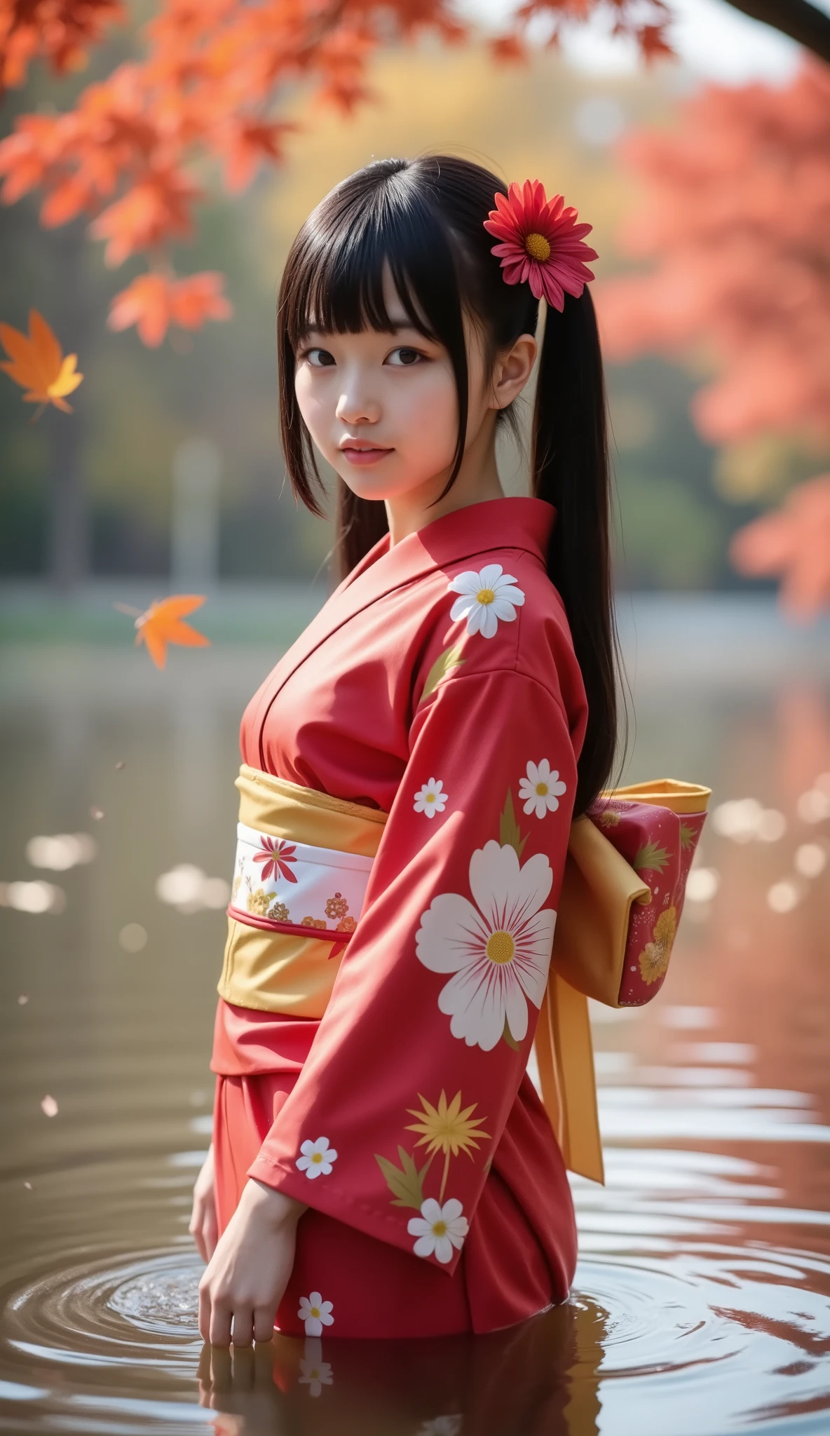 (8k), (best quality), RAW photo, (photo realistic:1.4), very detailed, Very Cute Japanese Girls,(very thin), (Profile of a very short high school girl), ((straight long twin tail hair)) , Flower headdress ribbon, looking at viewer, ((are in a deep pond wearing a red kimono with a beautiful floral pattern)), ((A lot of red autumn leaves are falling from above the girl)), Trees with red autumn leaves and yellow ginkgo trees in the autumn forest,The surface of the water is as beautiful as a mirror,In a dream,Lonely