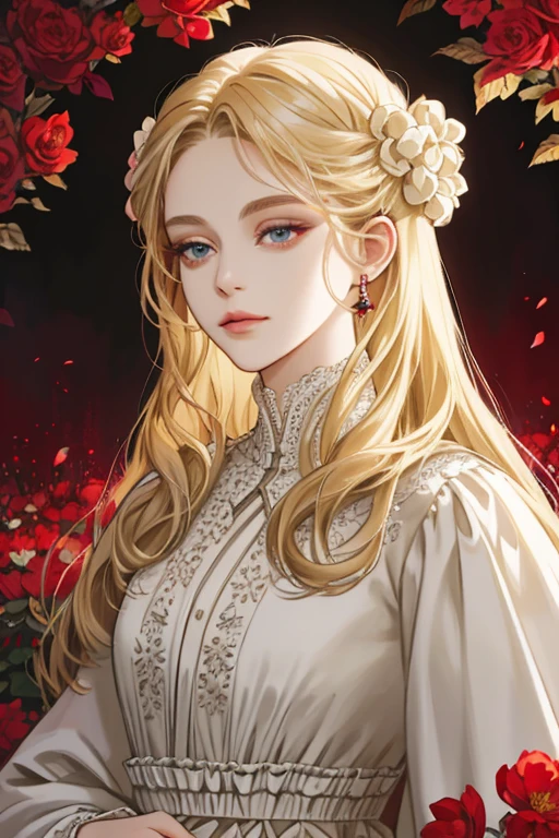 RAW Photos、Realistic、Cute girl portrait、14talent、Beige hair、Very detailed_face_Eye、美しく澄んだ灰色のEye、Irish national costume、Red roses background、The background is red roses and holly、Blurred background、Dark lighting、highest quality、Ultra-high resolution、Masterpiece、8k