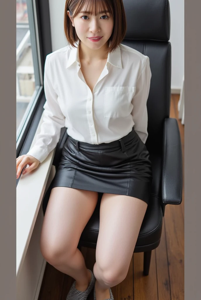 (Light underwear upper-class elite secretary), sit on chair，working in an office、 (Wear pantyhose)、(Short Layer Hair)、Crossed legs, Wear high-end heels、 (thighhighs and skirt), Shirt secretary, Merchant,  Wear a shirt and skirt, Business attire, business outfit, RAW photo, (8K、top-quality、tmasterpiece:1.2)、(intricately details:1.4)、(Photorealsitic:1.4)、octane renderings、Complex 3D Rendering Ultra Detail,  vibrant detail, super detailing, realistic skin textures, Detal Face, Beautiful detail eyes, Very detailed CG Unity 16k wallpaper, Makeup - makeup, (detailedbackground:1.2), shiny skins、Bare with thighs!!!,