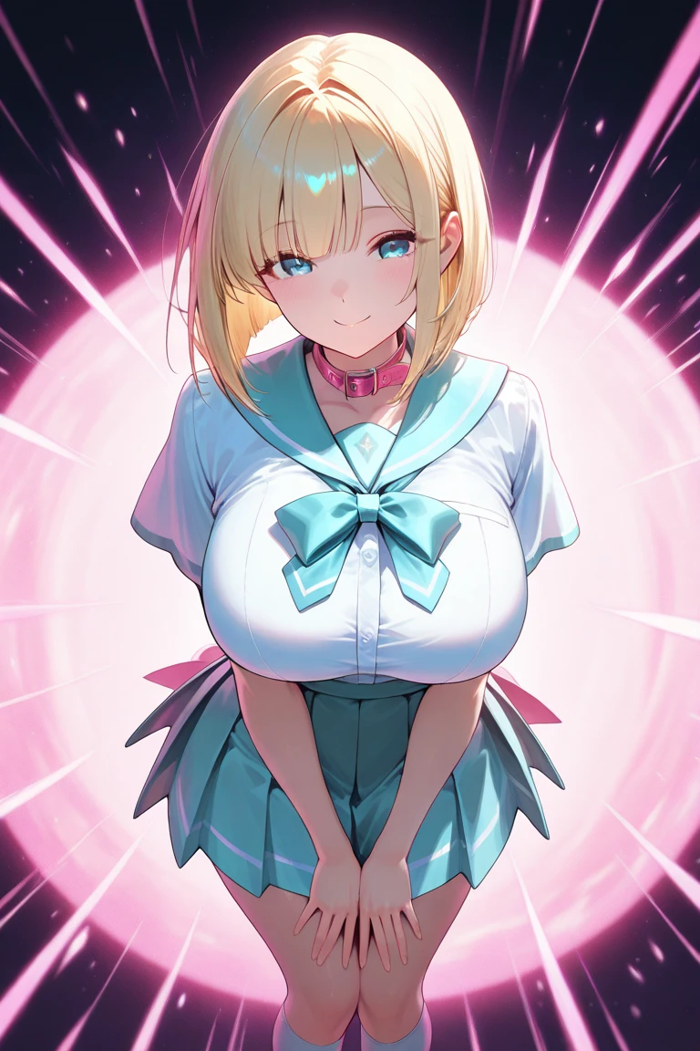 anime art style, masterpiece, best quality, very aesthetic, absurdres, dynamic shadows, atmosferic, marcilledonato, ((1girl)), blonde hair, medium hair, parted bangs, green eyes, detailed eyes, bright pupils, pointy ears, curvy body, large breasts, sexy, ((futuristic clothes)), white hoodie, cutout on cleavage, short sleeves, borrowed, embarrased, intense blush, ((cowboy shot)), (from front), (floating), (space), (stars), (galaxy), (looking at viewer:1.0)