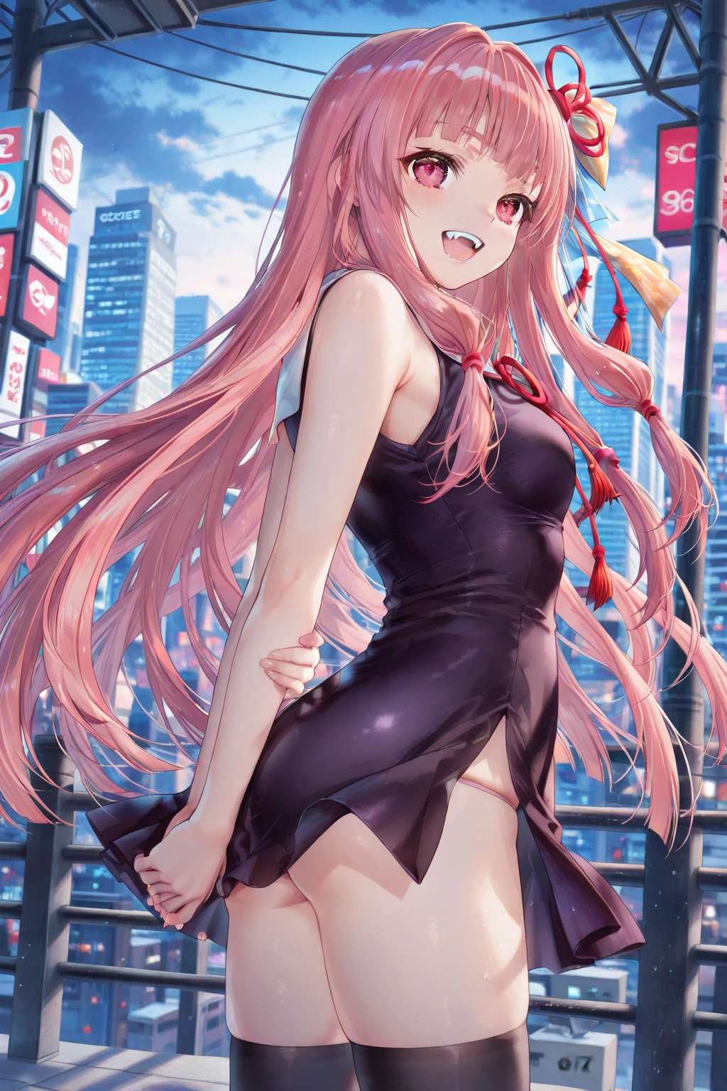 best quality, insanely detailed, nino nakano, breasts, blush, public background, bare-shoulder, a ribbon, stockings, pussy, blue lingerie garterbelt, cheerful eye, nsfw, Taut Underwear