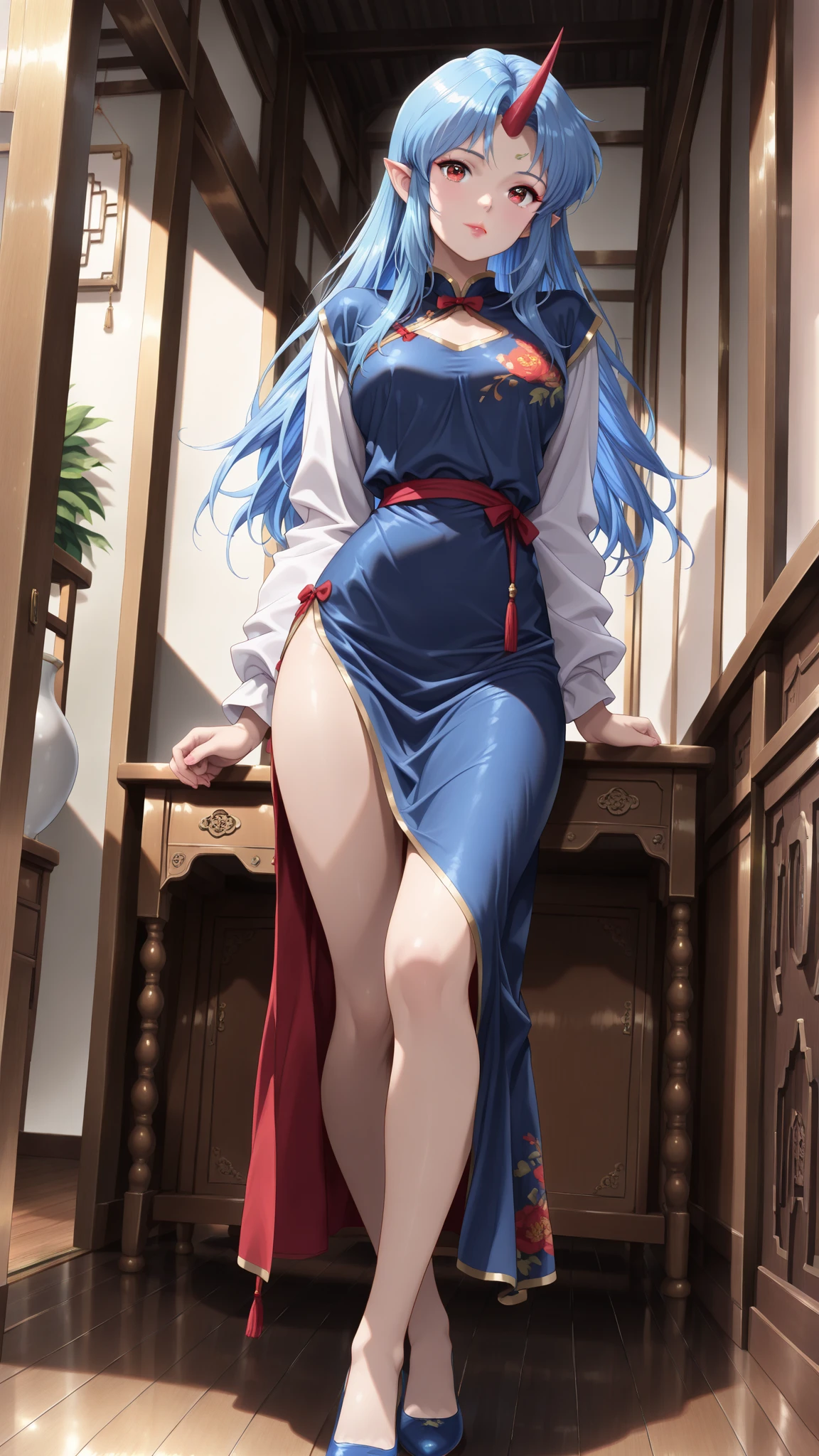Curly and light blue hair、hime-cut、Girl with golden eyes、View of the crotch from below、flat chest、Thin pubic hair、Beautiful open legs、white military uniform