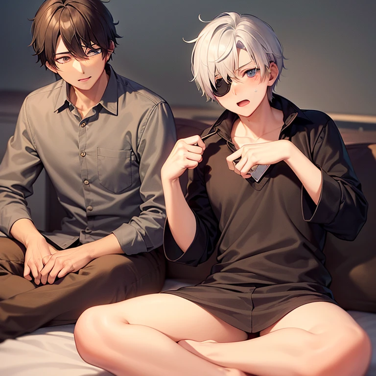 Gray hair front,Lie on your stomach at the table,Black-haired man,Hold the teenager from behind,The man held the huge chest muscles of the boy in front of him with both hands。