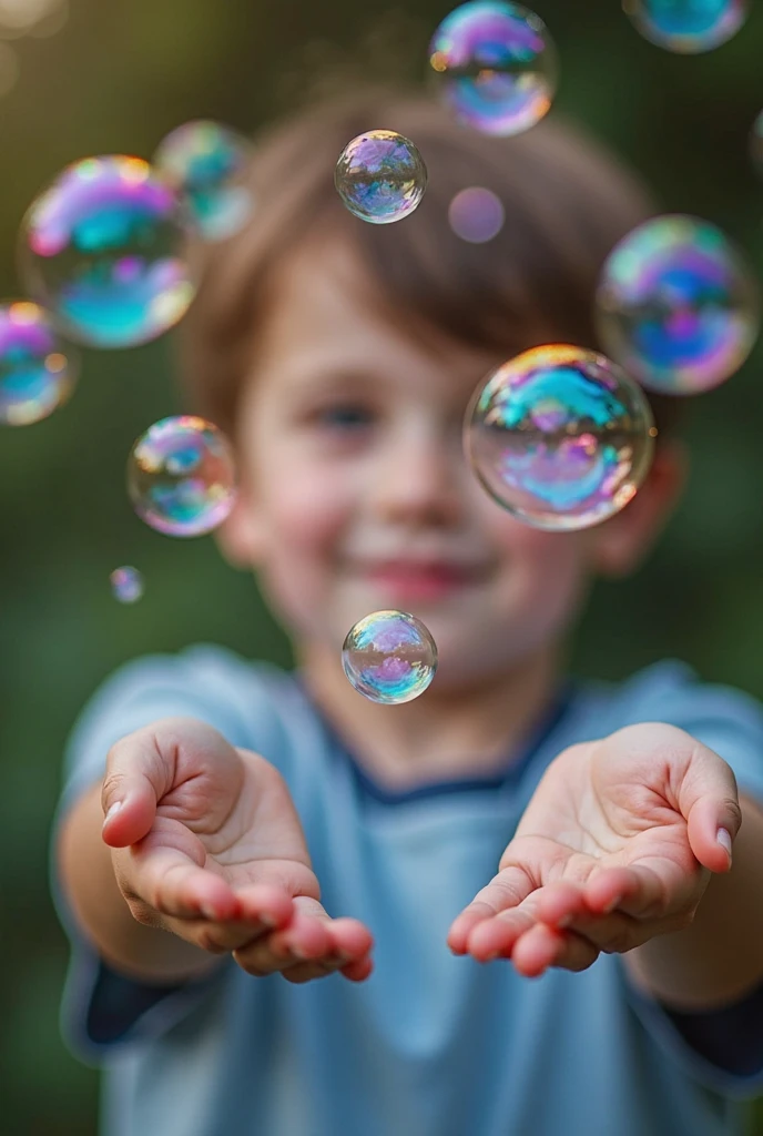 Create an extra realistic image of a  boy with big, bright eyes and long lashes, smiling joyfully. He has round cheeks and is dressed in a yellow t-shirt, reflecting the sunlight. The photo captures him playing in a sun-drenched garden, his face glowing with happiness as he chases bubbles. The image is taken with a macro lens (100mm f/2.8) to capture the brilliance of his expression and the play of sunlight on his skin. A slight zoom is applied to focus on his radiant smile in the bright, outdoor setting. Ensure that his hands are visible with exactly five fingers. Negative prompt: No additional fingers, out of frame, lowres, text, error, cropped, worst quality, low quality, jpeg artifacts, ugly, duplicate, morbid, mutilated, out of frame, extra fingers, mutated hands, poorly drawn hands, poorly drawn face, mutation, deformed, blurry, dehydrated, bad anatomy, bad proportions, extra limbs, cloned face, disfigured, gross proportions, malformed limbs, missing arms, missing legs, extra arms, extra legs, fused fingers, too many fingers, long neck, username, watermark, signature.