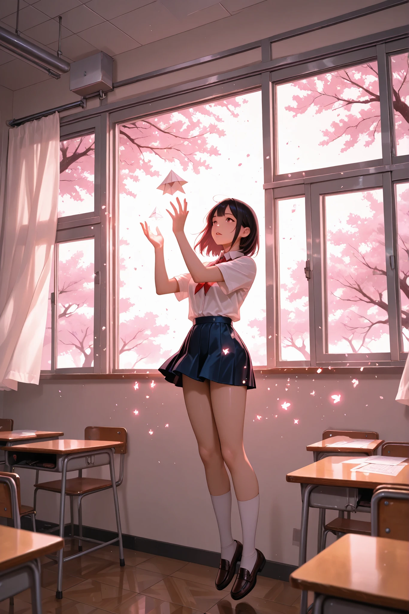 top quality, Asian schoolgirl, and frowned , WHITE SHIRT, miniskirt by kouenn, floating, Sparkling Magical Effects, Paper airplanes flying in the air, Detailed classroom environment, for soft lighting, Cherry blossoms outside the window, fantasy scene