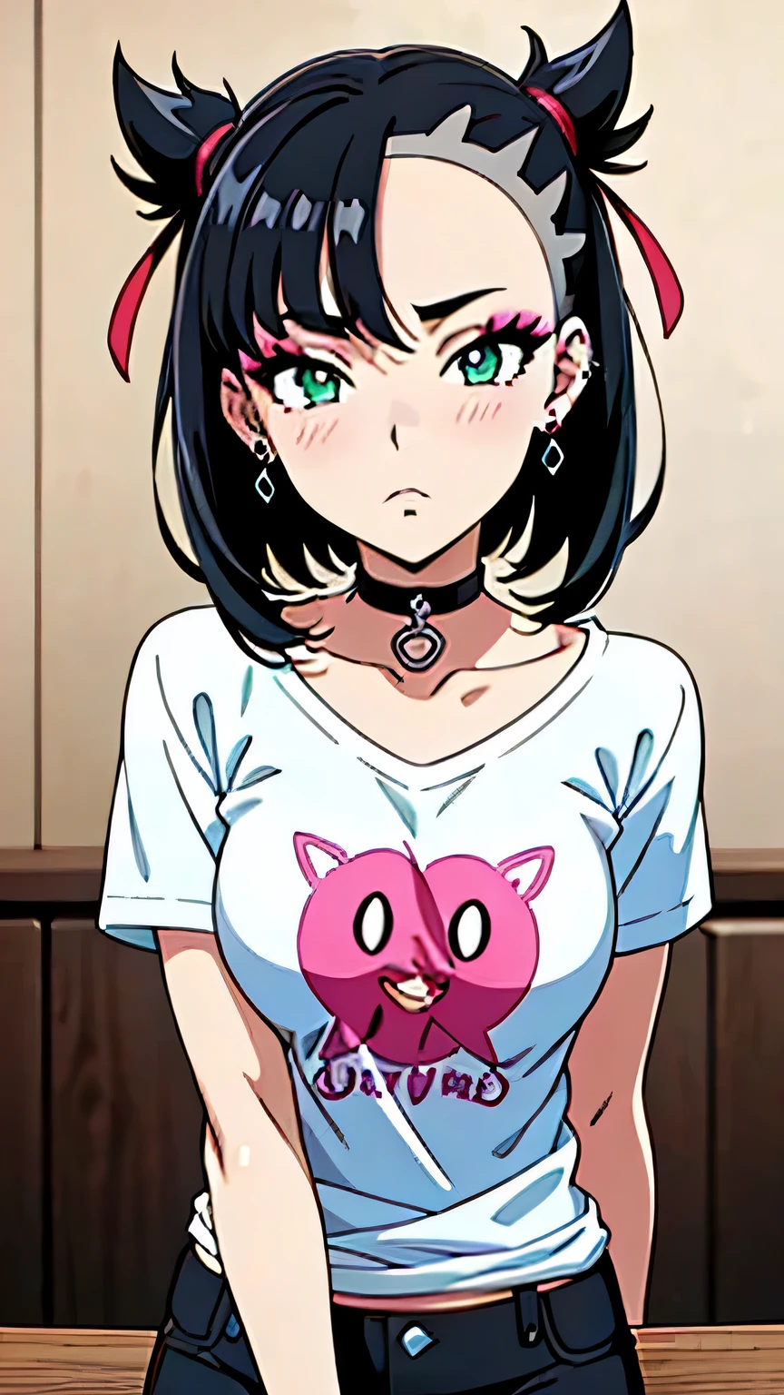 Marnie Pokemon, Marnie \(Pokemon\), blue-green eyes, green eyes, black hair, medium hair, asymmetrical bangs, black choker, red hair ribbon, earrings, black nail polish, small breasted, (masterpiece, highest quality, highly detailed, 8k:1.2), Perfect eyes, detailed eyes, anime style, anime girl, digital anime art, anime style, official artwork, visual novel CG, beautiful anime girl, anime style 4K,(t-shirt, print shirt, short sleeves, bangs, pink nails, black choker, short shorts, nail polish), (arms down), ((makeup, gradient eyeshadow:1.3), false eyelashes, earrings), looking at the viewer, in the center of the image, (upper body:1.2), dutch angle,