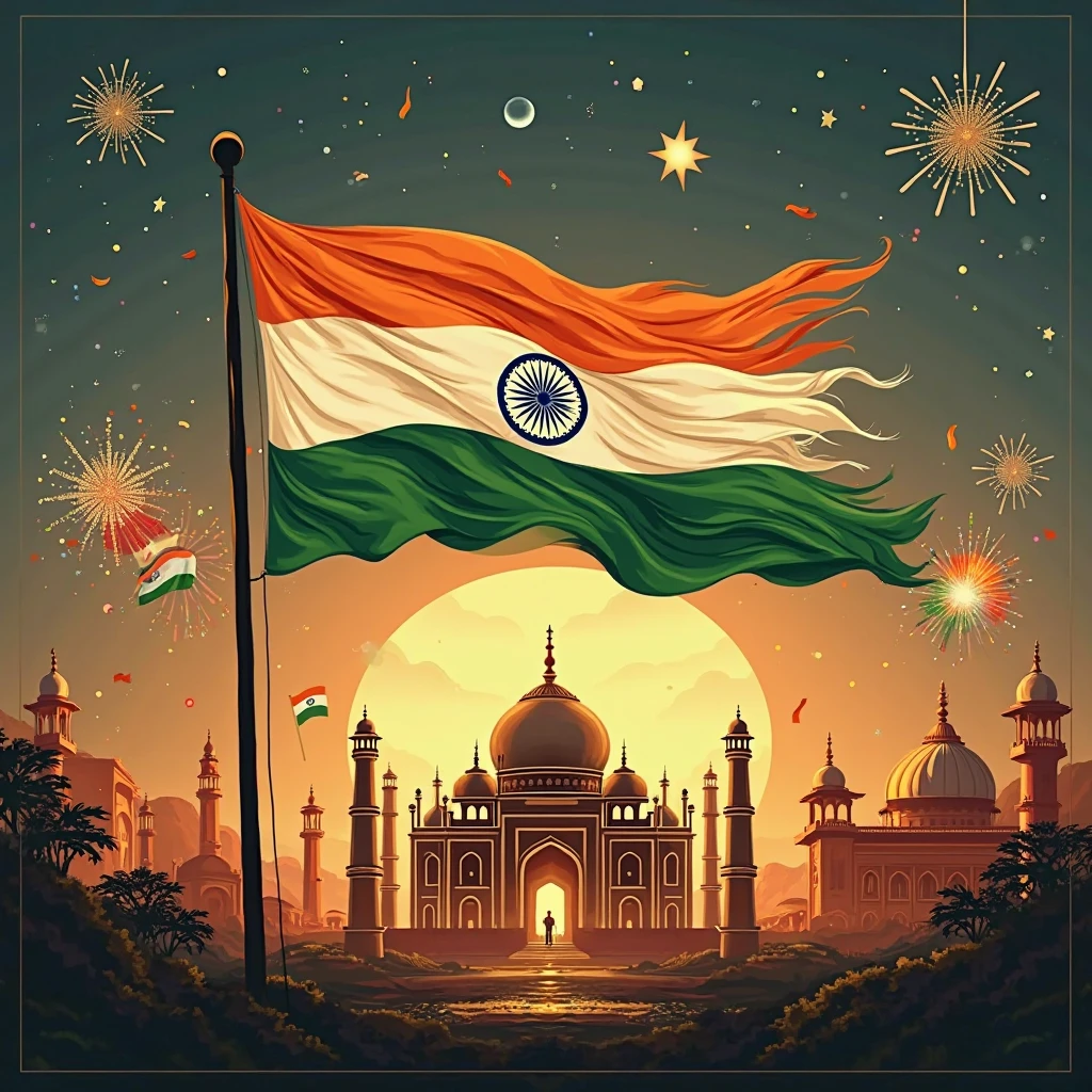 Create a 3D looking 78th independence day poster of India in 4:3 ratio with the title Happy Independance day written on it. Make it more creative with adding more things related to india