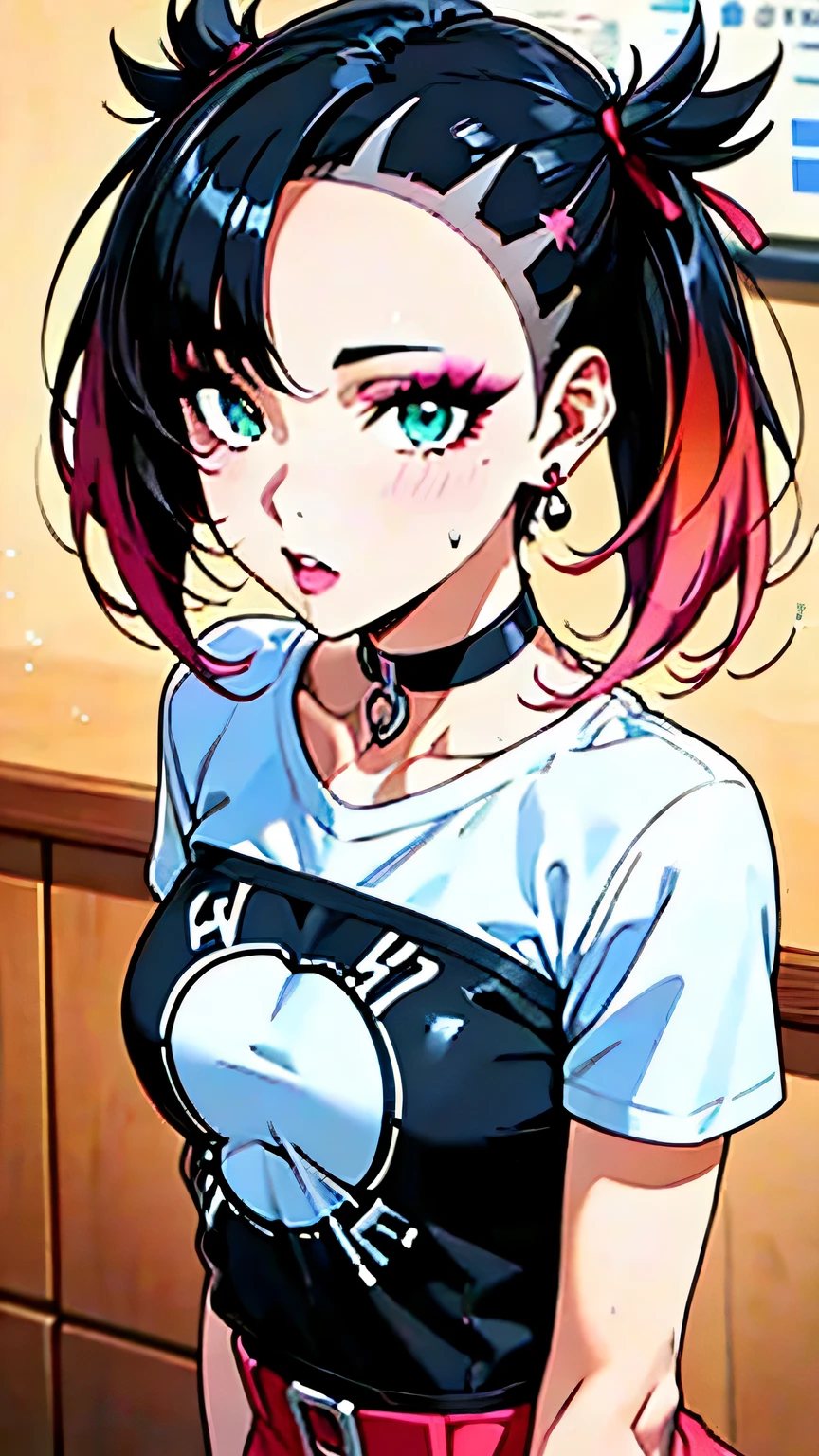 Marnie Pokemon, Marnie \(Pokemon\), blue-green eyes, green eyes, black hair, medium hair, asymmetrical bangs, black choker, red hair ribbon, earrings, black nail polish, small breasted, (masterpiece, highest quality, highly detailed, 8k:1.2), Perfect eyes, detailed eyes, anime style, anime girl, digital anime art, anime style, official artwork, visual novel CG, beautiful anime girl, anime style 4K,(t-shirt, print shirt, short sleeves, bangs, pink nails, black choker, short shorts, nail polish), (arms down), ((makeup, gradient eyeshadow:1.3), false eyelashes, earrings), looking at the viewer, in the center of the image, (upper body:1.2), dutch angle,