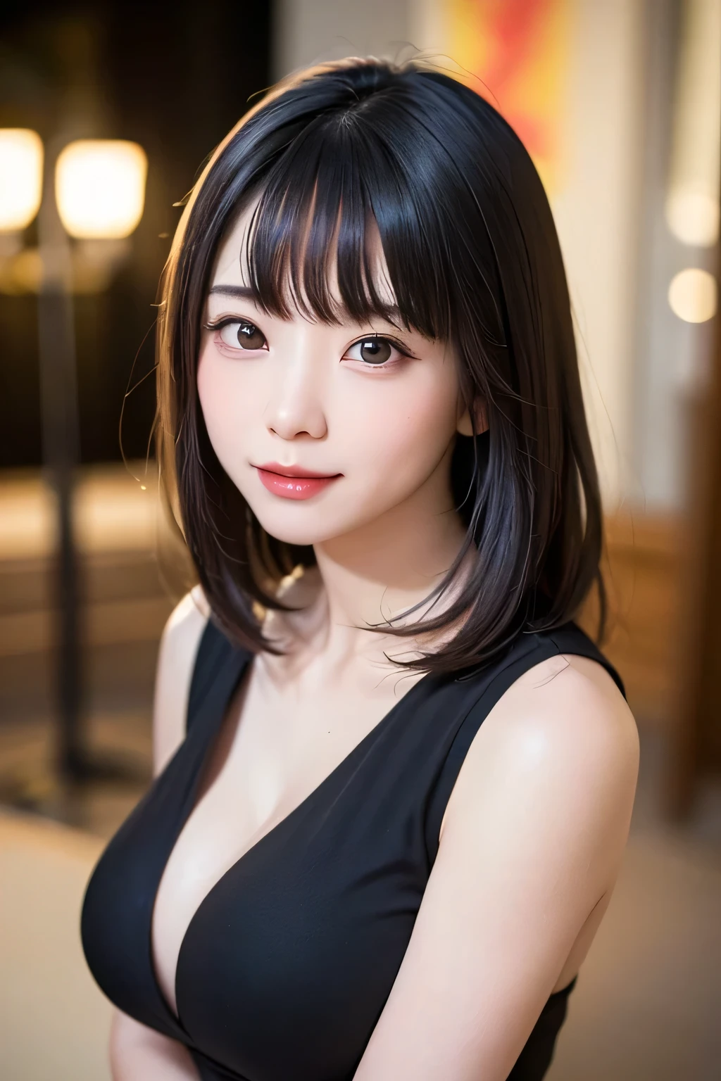 (table top, highest quality、ultra high resolution、very attractive beauty、Adds intense highlights to the eyes、look closely at the camera:1.4、Absolutely beautiful bangs:1.4、Brunette short bob hair with bangs:1.4),1 girl, alone, black haired, scarf, have,, realistic, looking at the viewer, pale black eyes, short hair, coat, Winter clothes, White headscarf, lips, lip gloss, Upper body、Big eyes、eyelash)、((italian roads、ハイパーrealisticスティック:1.4))、((short hair with bangs:1.4、Beautiful bangs with 46 points:2、{Huge|big|Hugeな|mega} chest, cleavage、Big eyes、Give your students very powerful highlights、very bigger chest、look at the audience、very beautiful beauty、show me your ears、long neck、smile a little、beautiful teeth、open your mouth and smile))、28 years old、very cute super model
