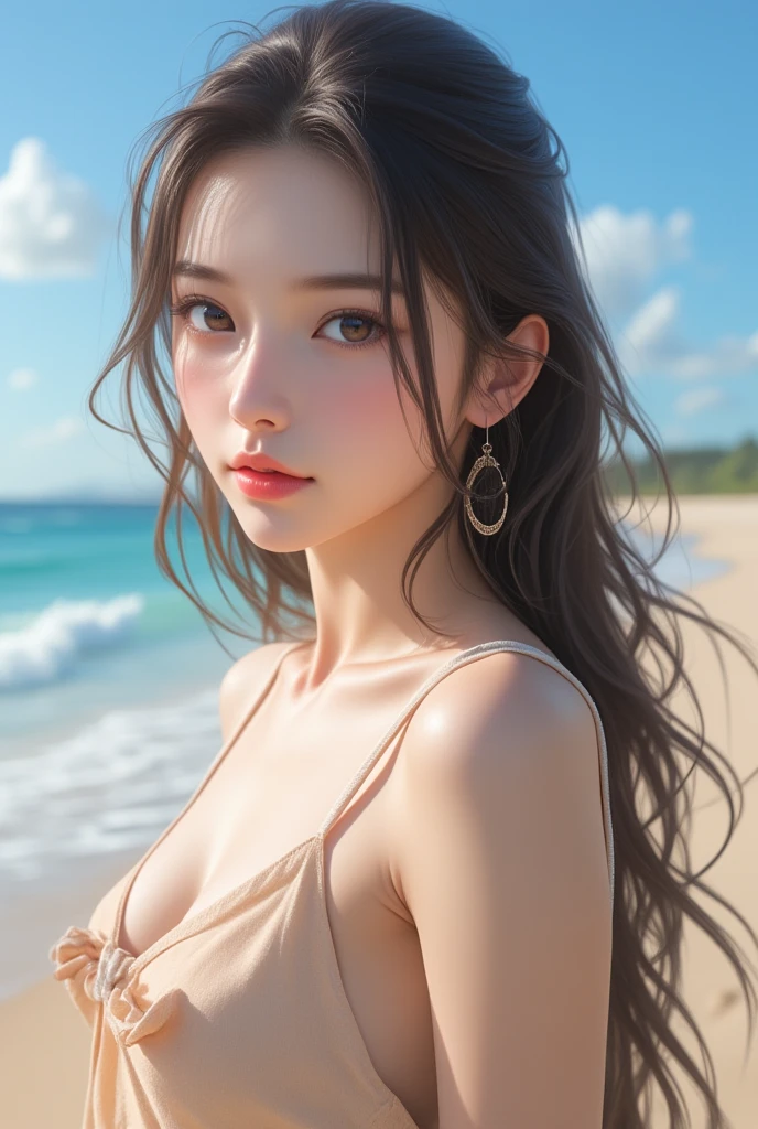 best quality, masterpiece, super high resolution, (realistic:1.5), original photo, real photo, 1 girl, shoulders, understated, cold light, sexy look, , masterpiece, super high resolution, top quality, super detailed, summer, a woman on the beach, wearing a white sheer gauze dress, perfect figure looming, lying on the beach. She used one to play with her hair, her delicate face, messy long hair, half-exposed breasts, slender fair legs looming, and a close-up of her whole body, displayed from a satellite perspective