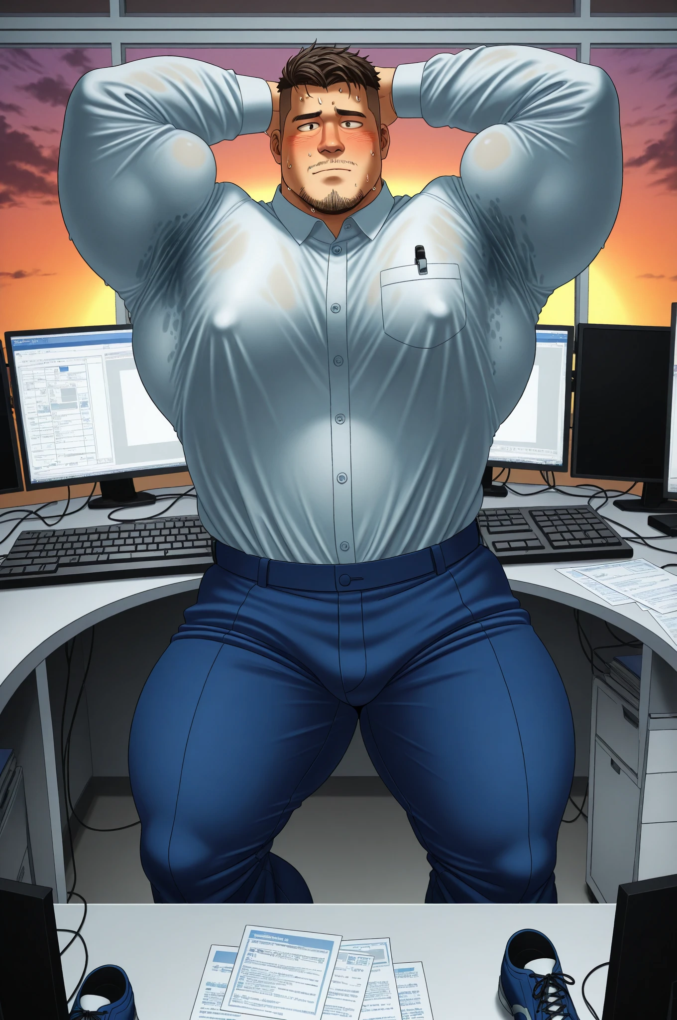 young face, thin face, Sharp Facial, Black hair, 1Boy, salaryman, dark brown eyes, beardless, Black tight shirts, necktie, white pants, Best Quality, fat abs, fat, Tight breasts, fat breasts, from sideview, black shirts, fat thighs, fat tits, fat arms, fat legs, fat body, Huge fat, photograph realistic, Masterpiece, male, side part hair, strong, (Pectoralis major: 1.2), Best Quality, 8K, OriginalPhoto, realisitic, high resolucion, The ultra-detailliert, film lighting, film grain, chromatic aberration, in office, tits huge, Dynamic Angle, Details Finger, big bulge, Huge bulge, bulge pants, smile