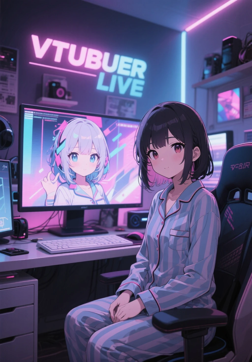 (Masterpiece), of the highest quality, expressive eyes, Neon pastel aesthetic, Retro 90s, color gamer,((teenager sitting in the gamer chair,in a cozy gamer room, Records hanging on your wall., Using the gamer PC, Behind her in the city at night., upholstered room, Anime figures lined up on a shelf.)), using headphones, (All around it shines), (wearing thick and colorful sneakers), (brown eyes), ( look), (synthesized wave artistic style), black hair, Desktop with PC configured, stylized legs, body