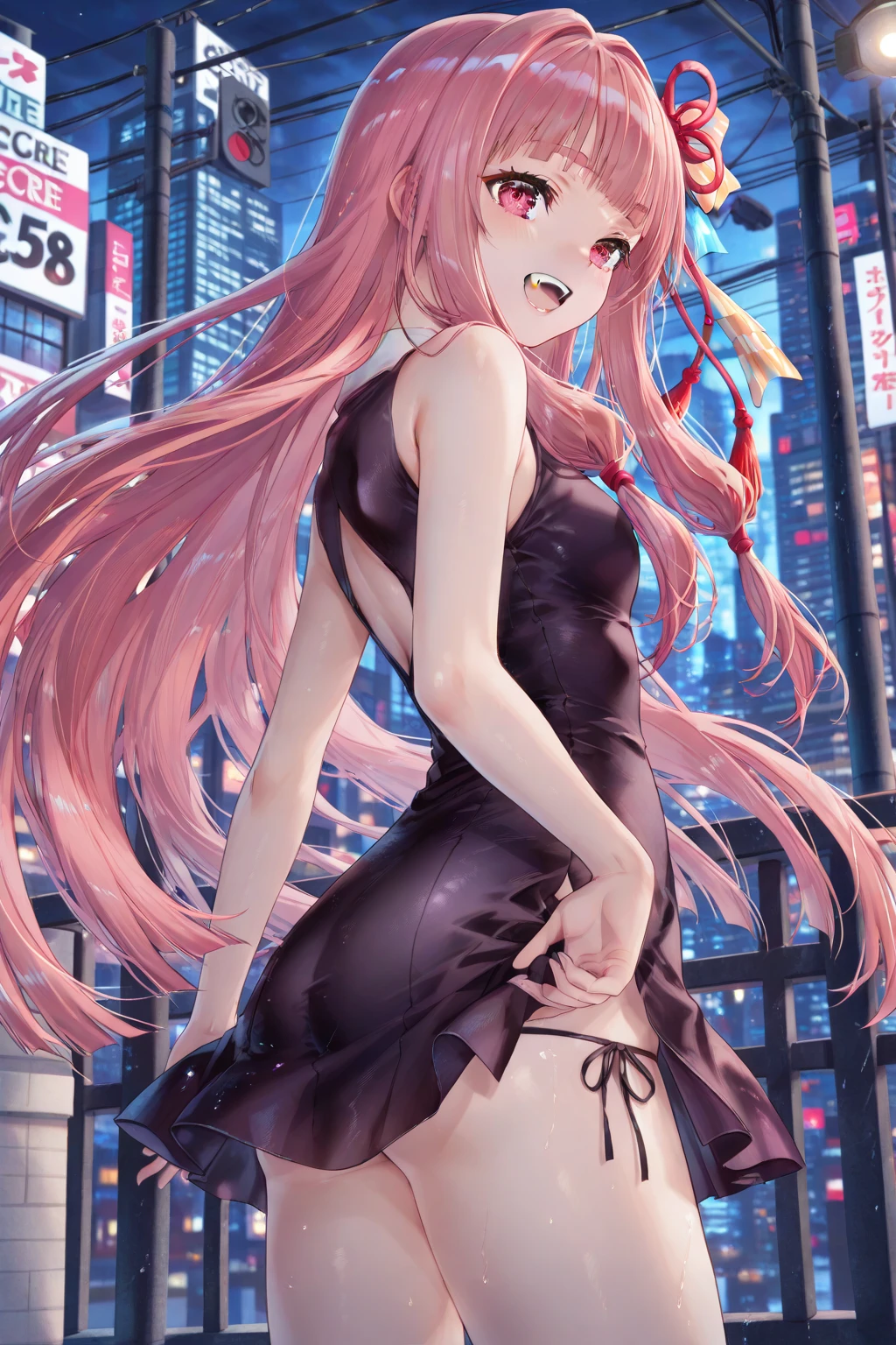 Masterpiece, top quality, best quality, official art, beautiful and aesthetic, anime, 1girl, Zero Two, extremely detailed, colorful, more detailed ((ultra-detailed)), (highly detailed CG illustration),horny,detailed face,pink hair, big green eyes,tight chinese dress, in middle,skinny fit, small breasts,cleavege,street,night,cyberpunk,fullbody shot,stockings,from behind,rain,wet