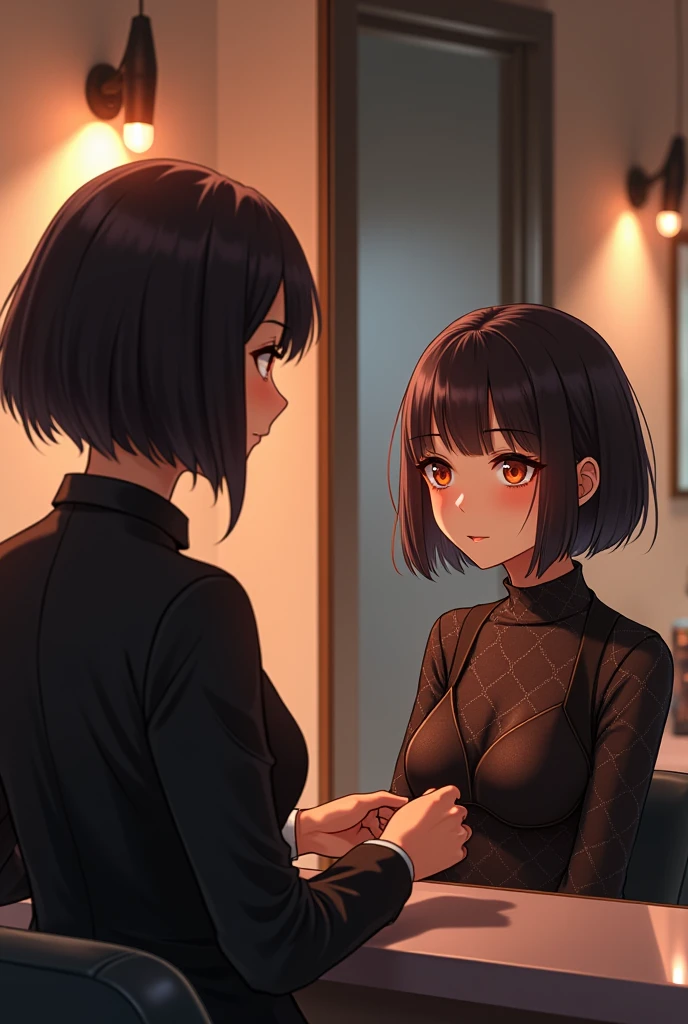 Close-up on facial expression: displeased:1.9 Being forced to kiss:1.3. Wrinkles on the brow:1.9 Tall Women:1.3 Naked short-haired man:1.9 （Black short hair woman ponytail:1.9 Straight hair, bangs swept to the side:1.9. Slanted eyes, brown eyes, tall, big breasts, strong-willed, beautiful, looks away:1.3. Wrinkles on the brow:1.3 Troubled face:1.3 Apartment Bedroom）