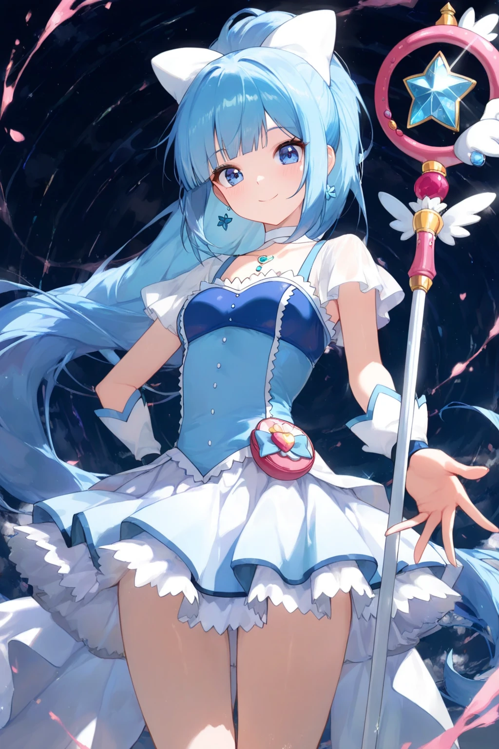 Left-facing, ((((Masterpiece)))), (((Best Quality))), (((Very Detailed))), Detailed Fingers, Illustration, 1 Girl, Solo, Long Sky Blue Hair, Violet Colored Eyes, Flower Hair Ornament, White Feather Hair Ornament, Yellow Moon Hair Ornament, Wide Open Chest, Large Breasts, Large White Ribbon at the Waist, Yellow Idol Dress, With White Flowers, Choker with Yellow Ribbon, White Gloves, White Tights, Yellow Shoes, MIKU, Royal Elegant Pose