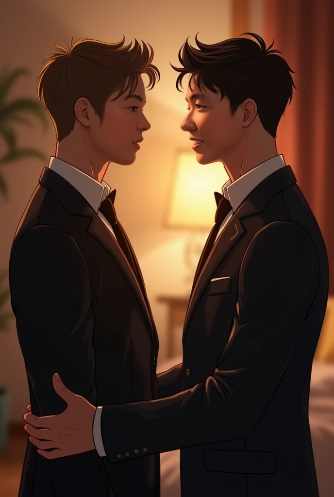 8K, Highest quality, masterpiece, Super detailed, Ultra-high resolution, Inside the room, Midnight, 1 man and 1 boy, They are hugging each other., Kissing, The young man has black hair, short hair, shiny hair, In a suit、The boy has brown hair, short hair, wavy hair, Casual clothing