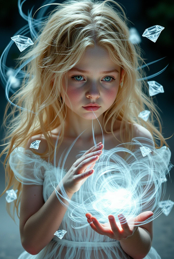 a close-up of a blonde child with long hair, BIG BALL OF electrified ICE IN HANDS.