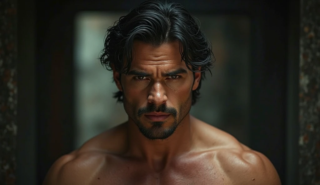 un homme ,  a la 30 ans  , cheveux noirs boucle , yeux turquoise , muscle , bien habiller , de face , Full photo of very good quality , Realistic in Skin Color Face Eyes Hair All