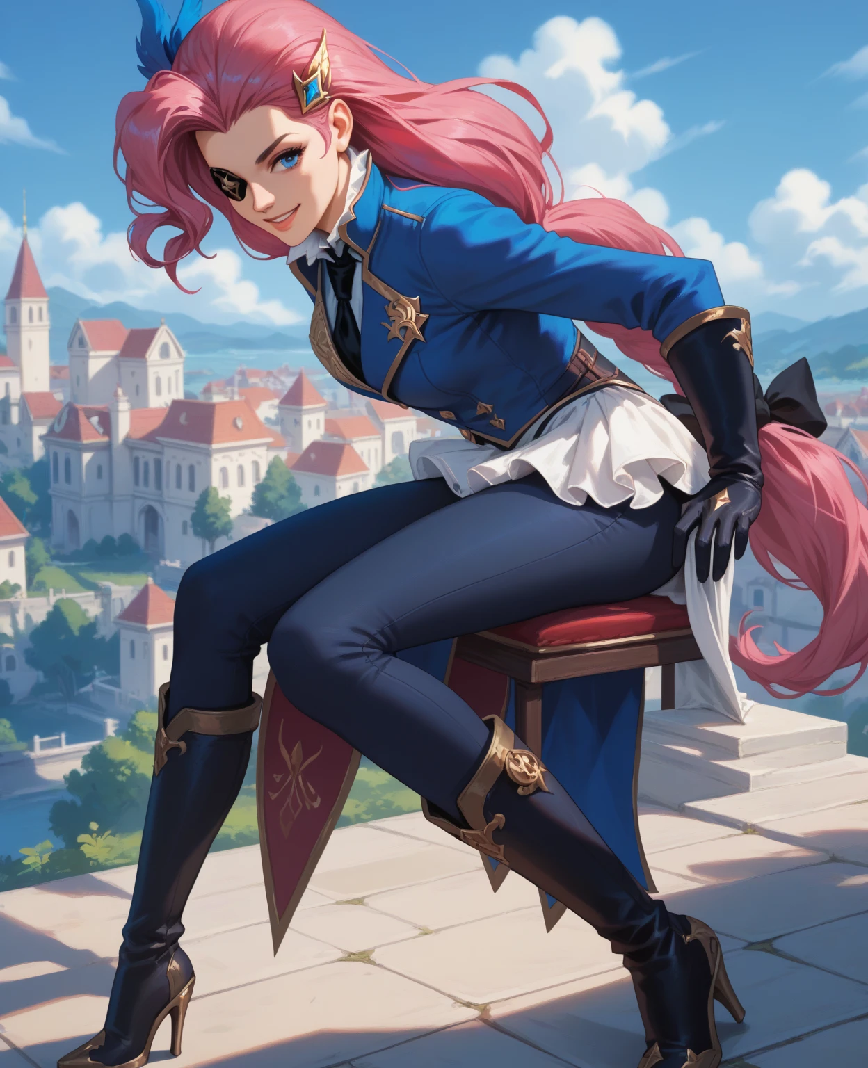 (highest resolution, distinct_image) superb, masterpiece, high detail, semi-realistic, Dishonored 2, a very beautiful woman, solo, normal handsome stance, light purple long hair, pink eyes, smiling, 18 years old, young, Tall and strong, pure white military uniform, trousers, military pants, military boots, military uniform, military school, confident, gentle, beautiful, cute, standing on the castle, patrolling