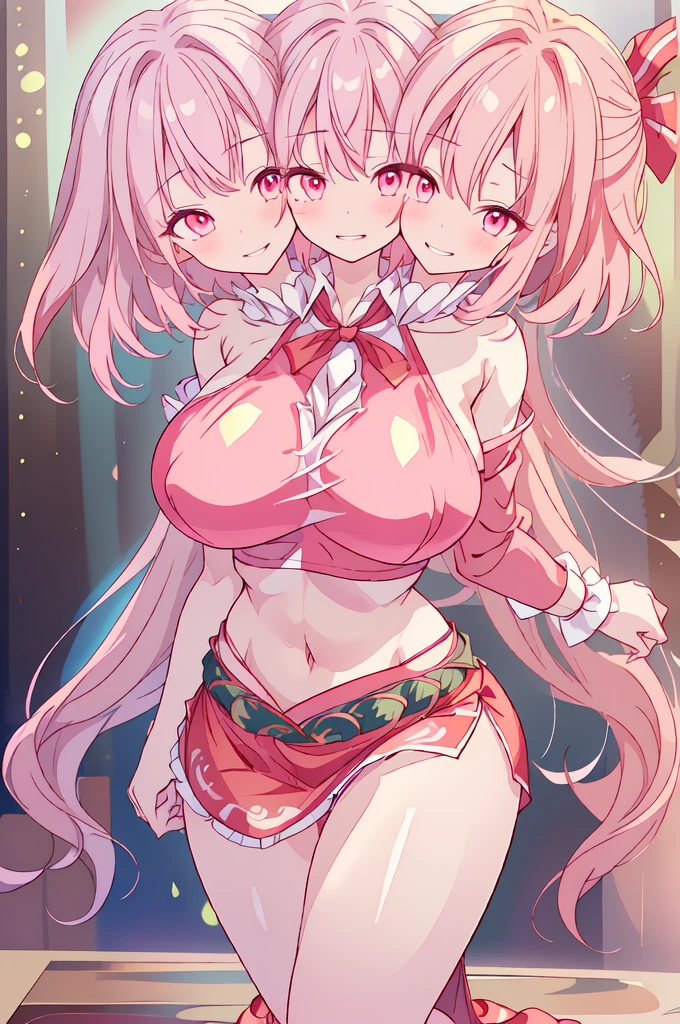 (masterpiece, best quality), best resolution, (3heads:1.5), 1girl, pink hair, long flowing hair, smiling, seductive smile, open belly, black crop top, dark purple miniskirt, open breasts, big tits, very huge tits, curls, beautiful eyes, alluring presence, pink eyes, 
