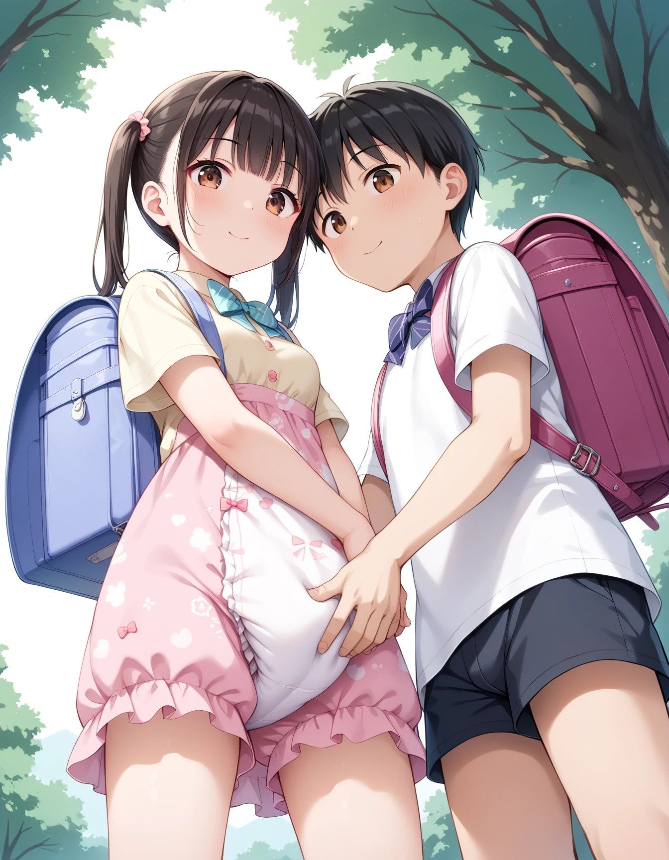 masterpiece, Highest quality, Nico_Yazawa,High resolution, 1 Girl, alone, Brown Hair, short hair, Twin tails、Purple eyes, , Pink Dress, (Cleavage)、(Beautiful thighs), Carrying a red backpack, (randoseru backpack:1.2) Sweaty、Thick thighs、Highest quality、4K、1girl, 8years old, loli, cute, grin, 、School Swimsuit、on the train、Lots of spectators、Thick thighen holding their penises and surrounding girls、Semen from the penis、Bukkake、Bukkake、(Bukkake)projectile cum、Blowjob、Mesgaquismiles