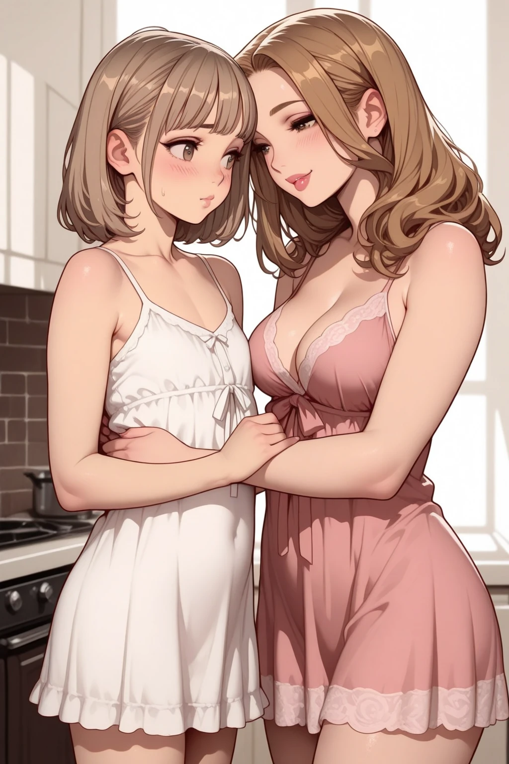 a beautiful girl gently comforting her young daughter in the bathroom, the girl with enormous breasts wearing lipstick, the daughter with small delicate breasts smiling and having fun, intricate detailed faces, beautiful skin, dramatic lighting, warm colors, photorealistic, oil painting, high resolution, masterpiece