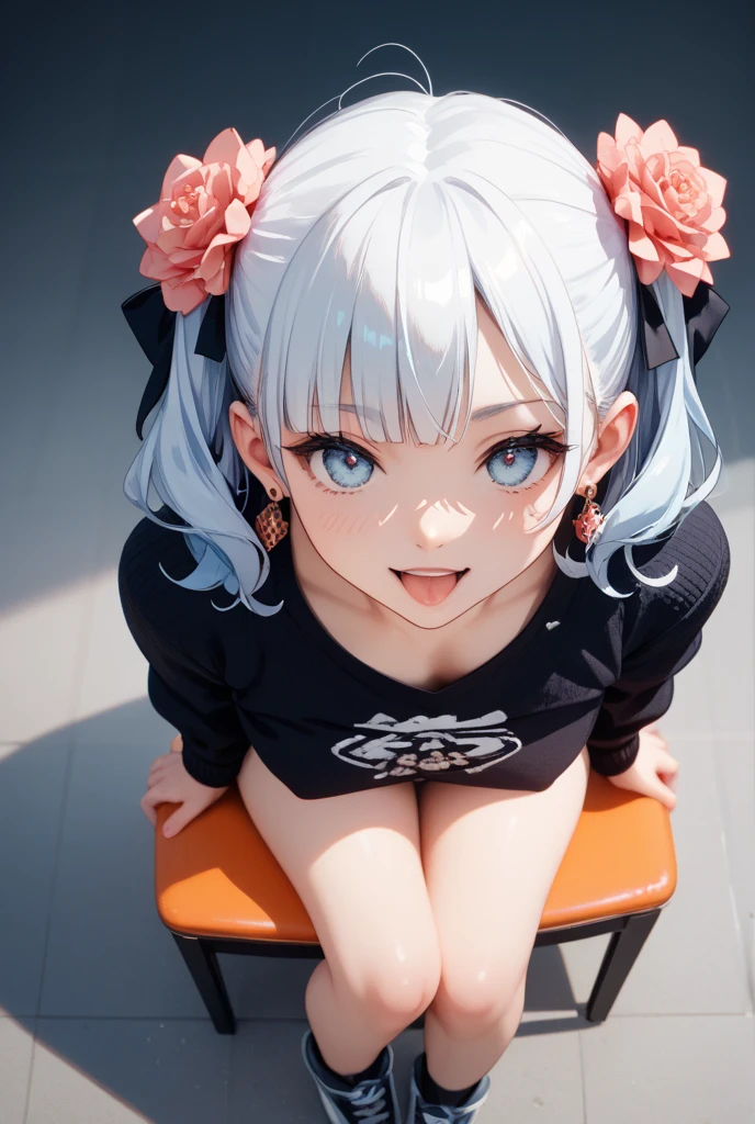streaked hair, silver hair, blunt bangs, maid headdress, red eyes, ahegao, saliva trail, anime,a girl