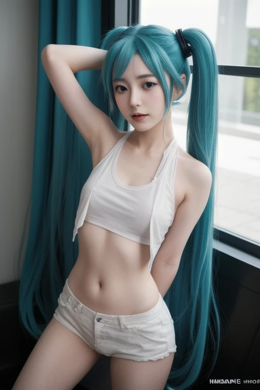 (Japan girl cosplaying Hatsune Miku: 1.4), (sweaty 4k: 1.2), (tanned skin, wheat colored skin: 1.0), camel pieb, bust top, tanned skin, wheat colored skin, (open legs, pubic hair, areola: 1.4),, and troop potion, (smile, whole body), open mouth, (big cosplayer, big Hatsune Miku: 1.4), ( Green headset microphone, green tie: 1.4), Lori's Japan cosplayer is singing on stage,Lori's Japan cosplayer is dancing on stage,Loli's Japan person posing,Cosplaying Japan loli,Half-off costume,Sensual pose,Jumping high,((Translucent body, smooth translucent white skin: 1.5))), Sakimi-chan HDRI, Background Bokeh, Background Gradient, Cute Loli, Goddess of Japan, (Photorealistic: 1.8), (8k, RAW Photo: 1.8), (HDR: 1.2), (Shallow Focus: 1.4), (Sharp Focus: 1.4), (Clear Nipple Silhouette: 1.5), (Clear Areola Silhouette: 1.5), (Ultra Detailed Clear Silhouette of Pubic Hair: 1.5)