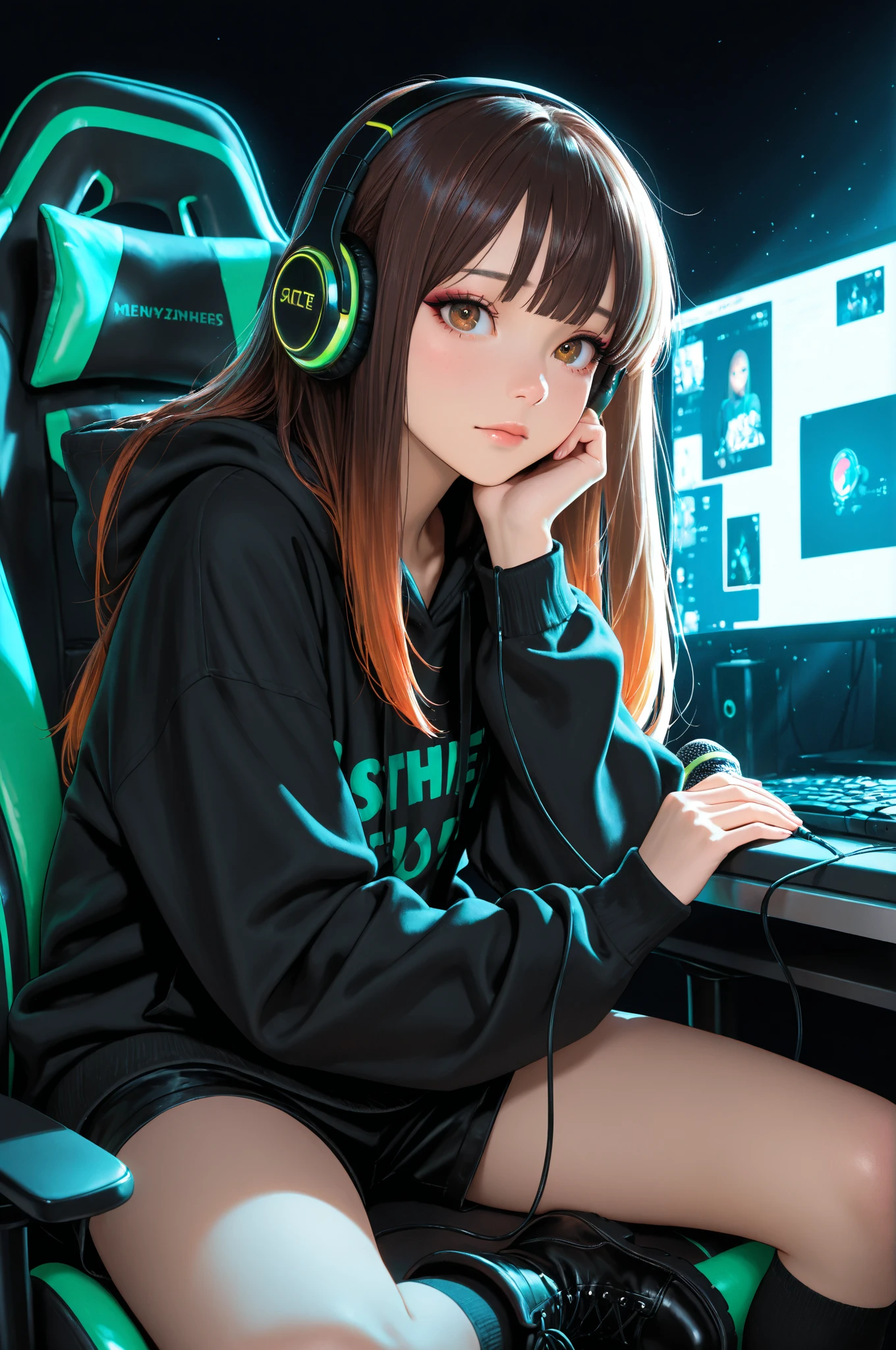 A gamer girl relaxing on the couch with a portable gaming device in her hands and headphones on, in your living room with a city skyline outside the window at night. Tenha cartazes de jogos na parede.