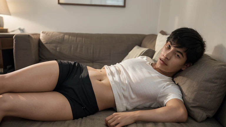 (masterpiece, photorealistic:1.4, extremely intricate:1.3), (photon mapping, radiosity, physically based rendering, ultra resolution, hyper-realistic, 8K), dtx, ((solo Japanese 1girl athletic thirty years, makeup:0.2, short straight black glossblack bob hair, colorful flowerprint jumper, loose terrycloth shorts, ((36 years old, [skin detail:freckles:0.7])))), eyes closed, peaceful, touching groin, hand on crotch, lying down, tilted side, sleeping, white satin bedsheets