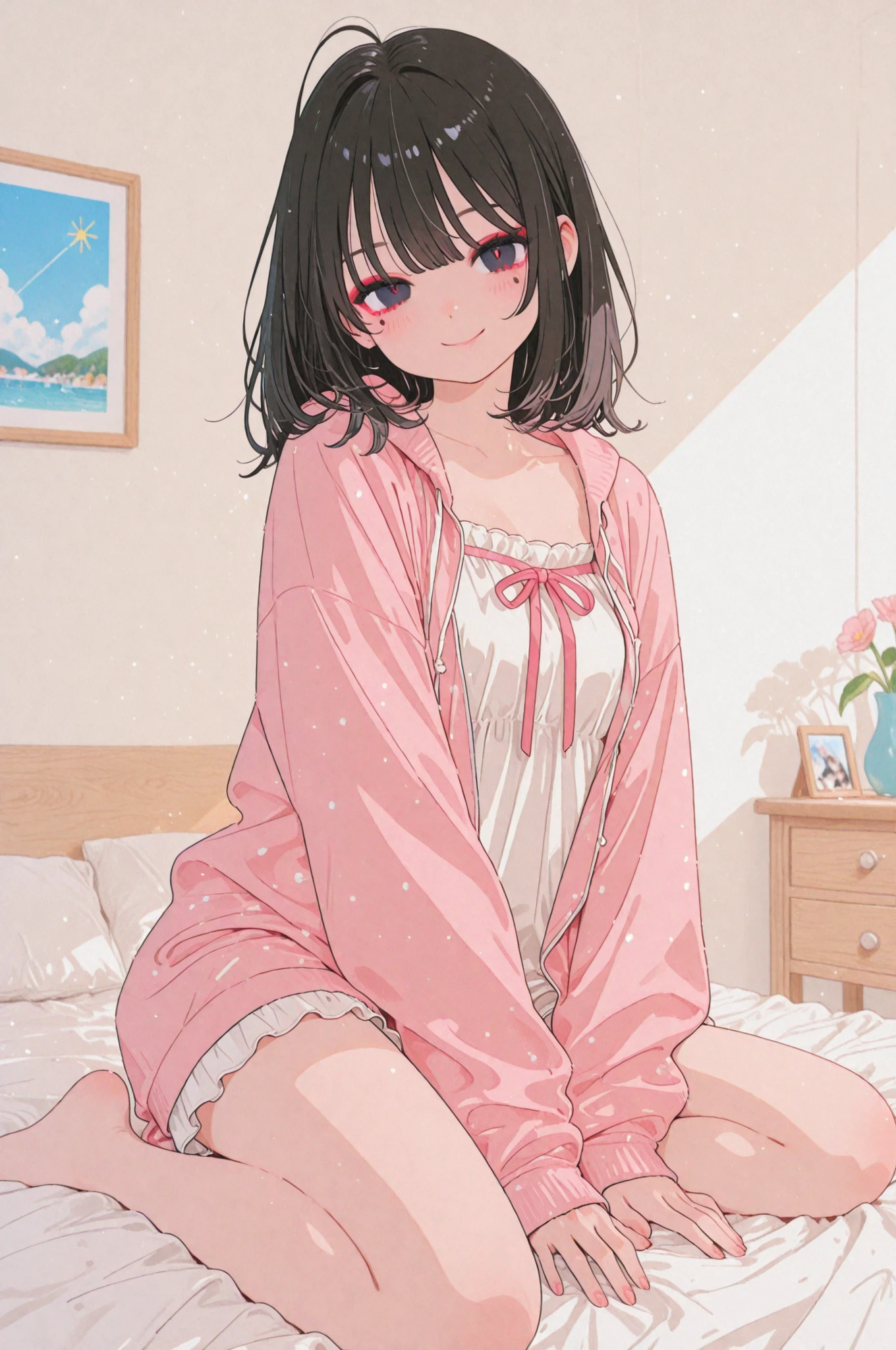 (masterpiece, Highest quality:1.2), Very detailed, Beautiful mature woman, alone, Brown Hair, blue eyes, Long Hair, pajamas, Sitting,Crossing your legs、On the bed, View your viewers, Mouth closed,Sexy