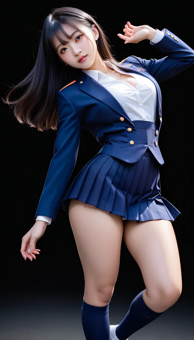 8K, Best Quality, Ultra High Definition, Masterpiece, Realistic, Photorealistic, High Contrast, Photon Mapping, Realistic, Ultra Detail, Low Angle: 1.5, 1 Girl, Solo: 1.5, Full Body, Night Concert Venue Stage, KPOP Star, KPOP Idol, KPOP Outfit, Sexy, Fancy Makeup, Blazer: 1.3, Short Skirt: 1.3, Blazer and skirt must be worn, tie, shirt: 1.3, bare legs, high heels, 100 degree leg opening: 1.5, crotch open: 1.5, brown hair long, see-through wet white panties: 1.5, panties visible from under skirt: 1.3, tall, height is 170 cm, long legs: 1.2, small breasts, beautiful face: 1.2, detailed female pubic shape is clearly visible: 1.5, pubic hair: 1.5, without panties: 1.3, textured skin