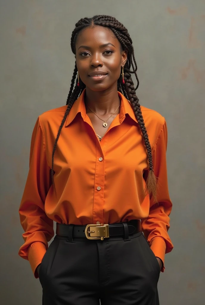 Create a realistic depiction of an African lady who is smartly dressed in modern clothes that are chic, flirty, sexy and respectable . Her outfit should prominently feature orange color . She should have a very thick build and appear realistic." She should be standing perfect posture, her legs criss crossed in a photo studio posing confidently for the camera. She should be 23 years old.